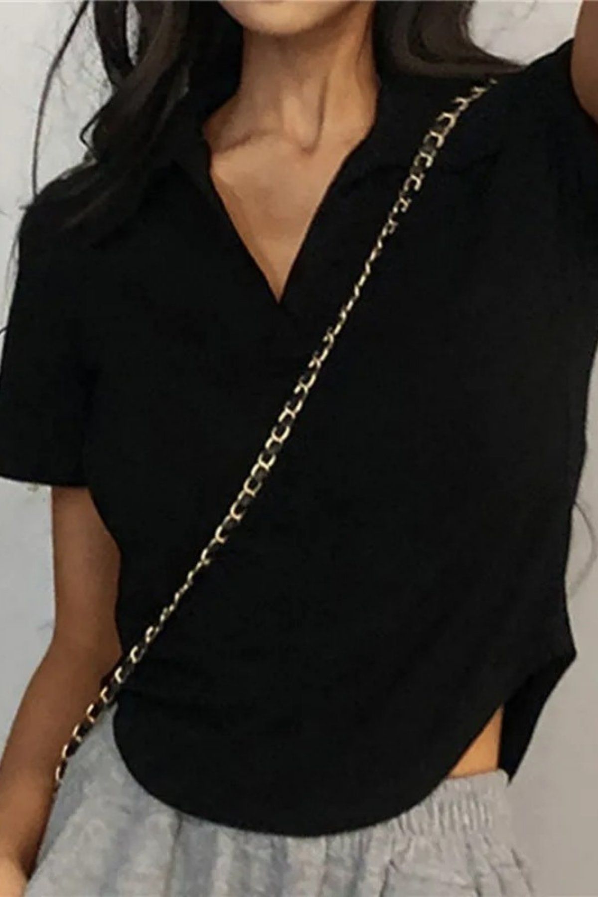 Chirkef Kadın Siyah Crop 100% Pamuk Basic Polo Yaka Kısa Kol Crop Top T-Shirt Y2K Polo Aura