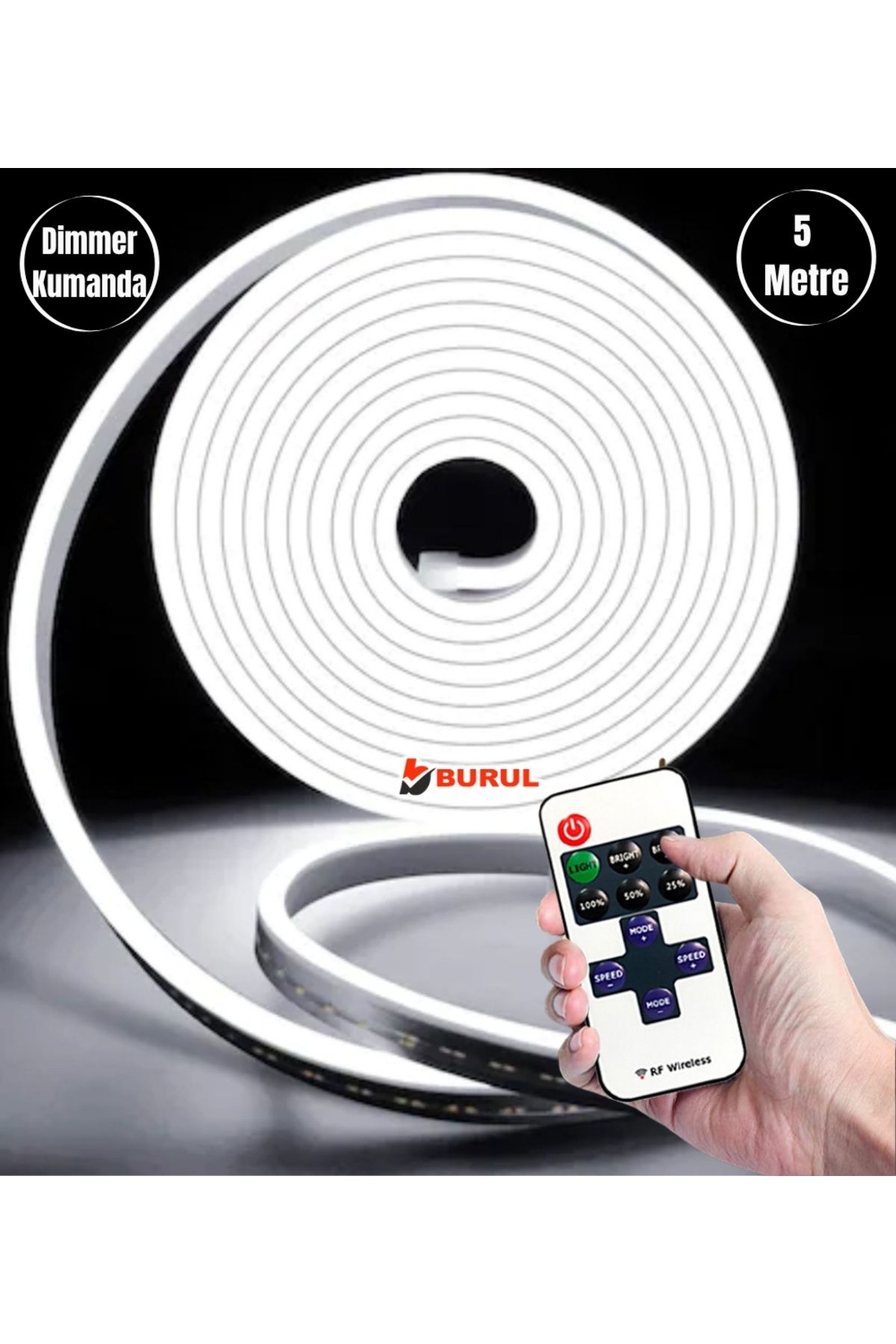 burul SB-6537 5 Metre Beyaz Işık Esnek Neon Led Şerit Dimmer Kumandalı Dekoratif Aydınlatma Seti