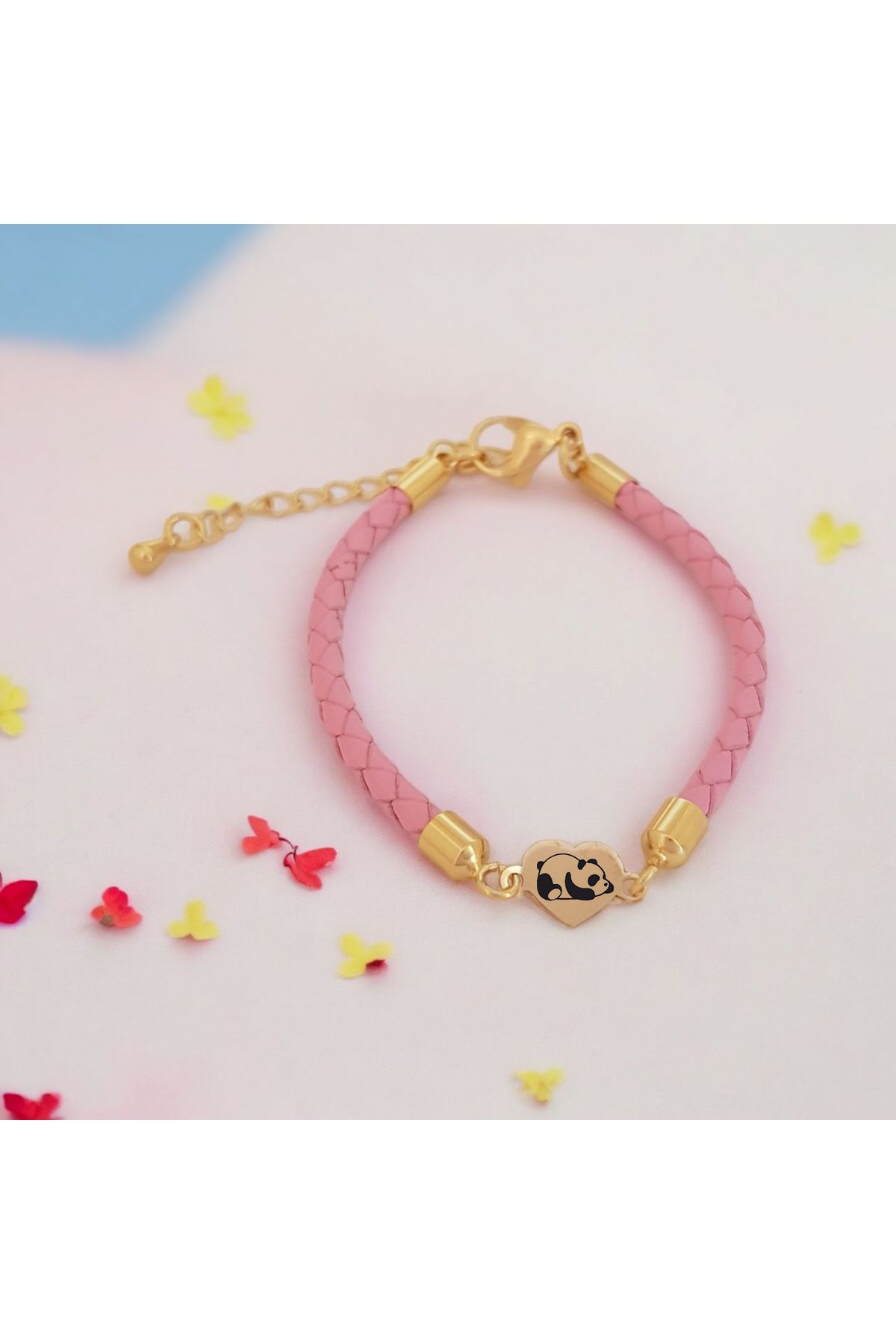 ARCHINO GOLD Panda Temalı 14 Ayar Altın Plakalı Kalp Motifli Hakiki Derili Hediye Bileklik-473sembol-pembe