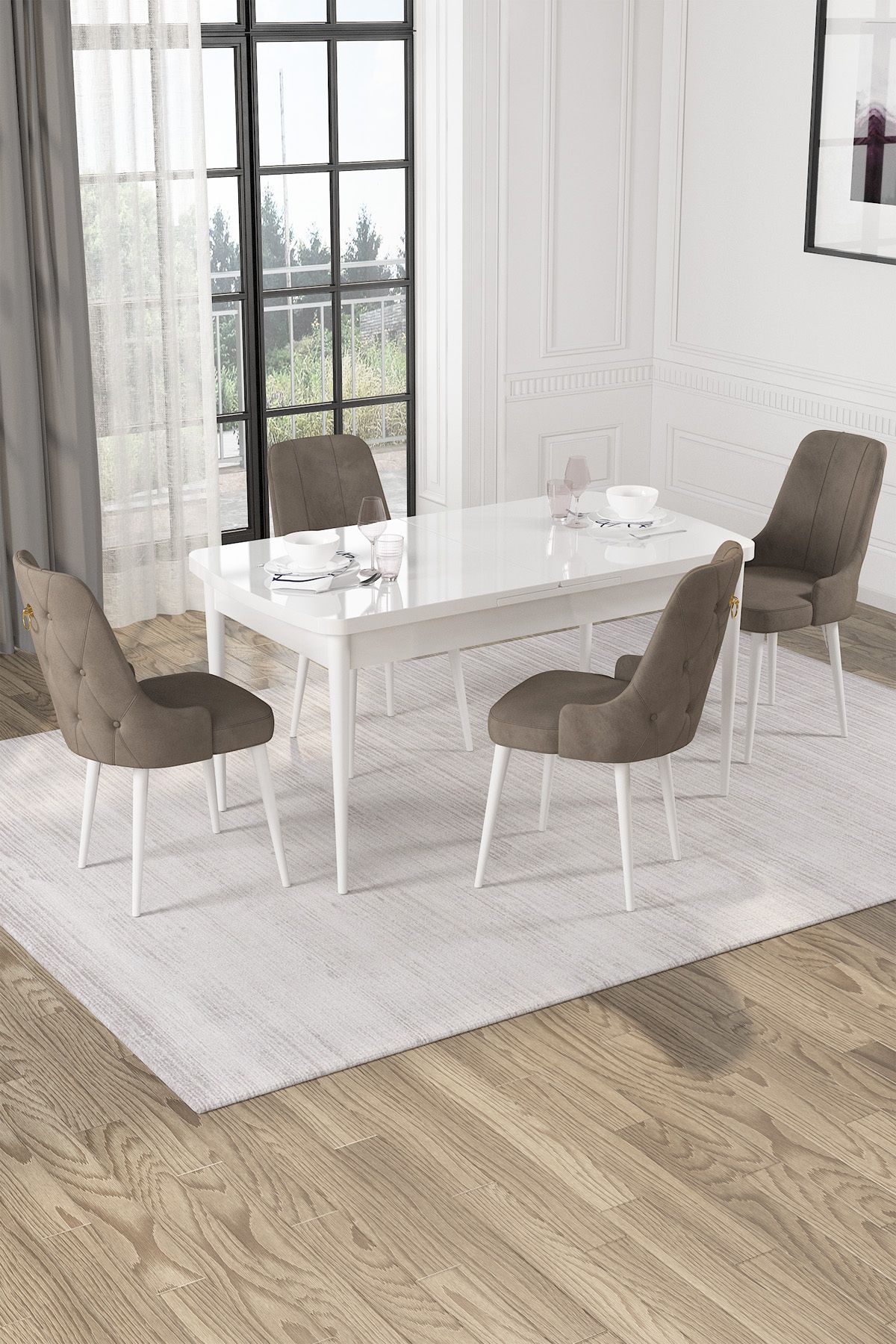Hira Wessa Serisi 80x132 Açılabilir MDf Beyaz Masa Takımı 4 Cappucino Sandalye
