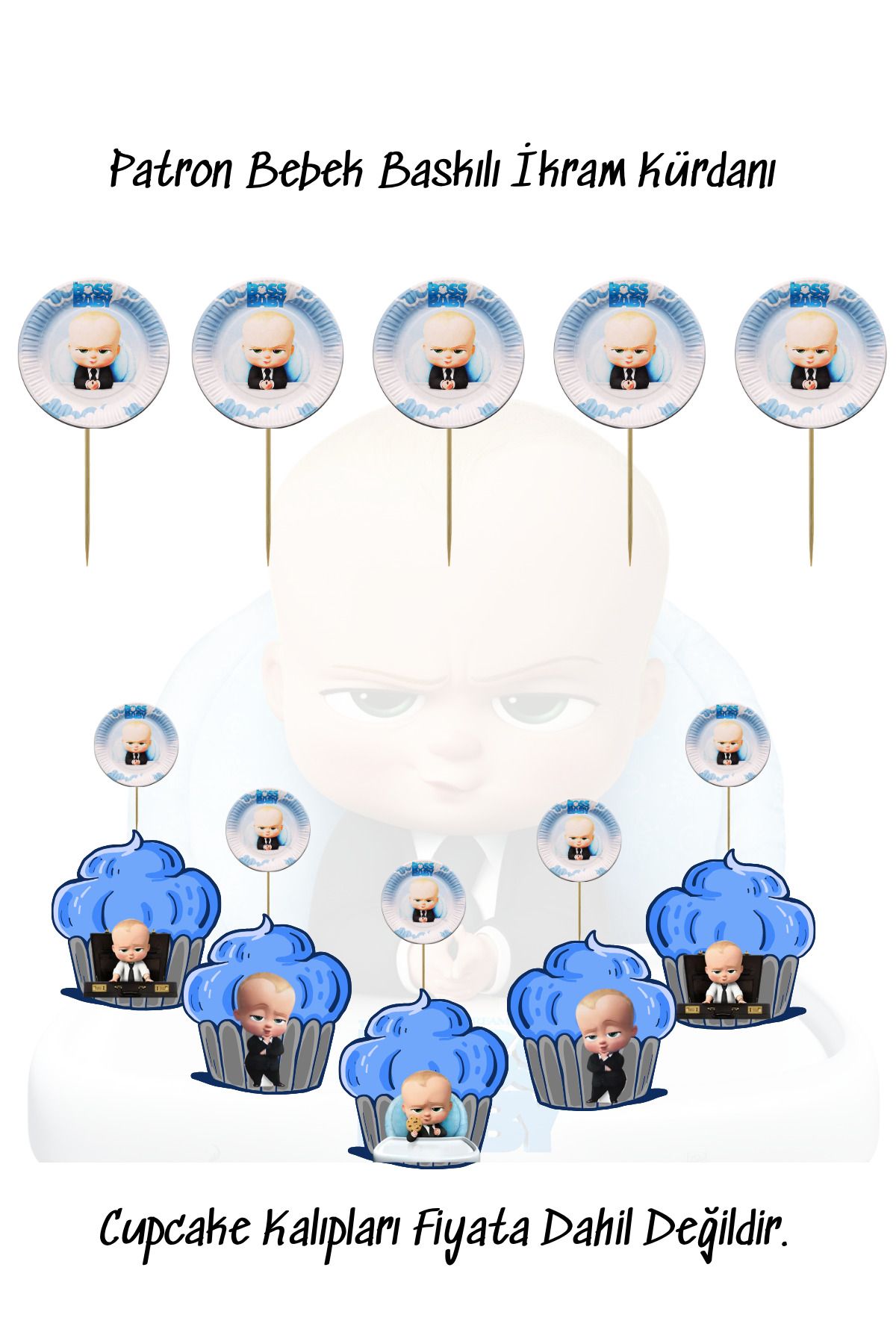 snowparty Patron Bebek Boss Baby Temalı Baskılı İkram Kürdanı Doğum Günü Süsü