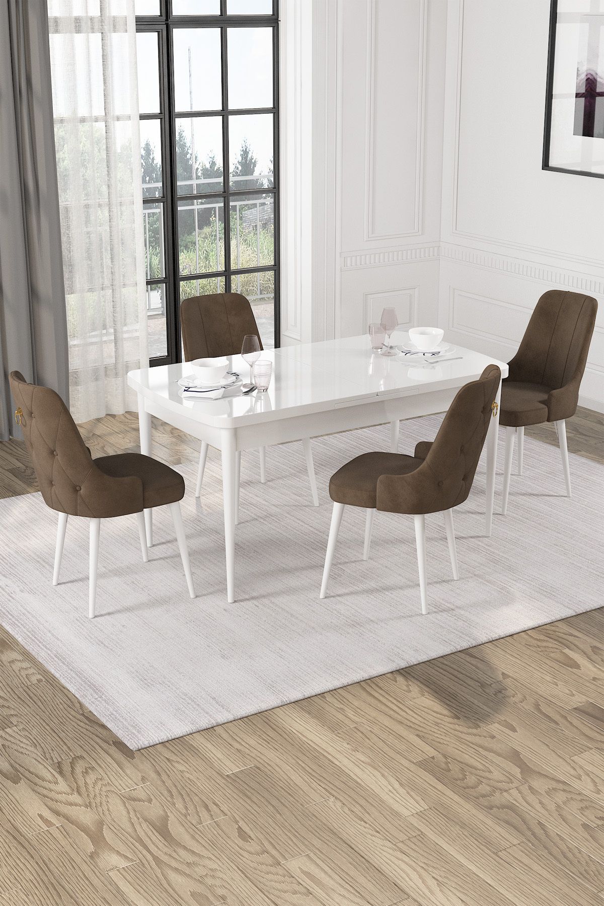 Hira Wessa Serisi 80x132 Açılabilir MDf Beyaz Masa Takımı 4 Kahve Sandalye