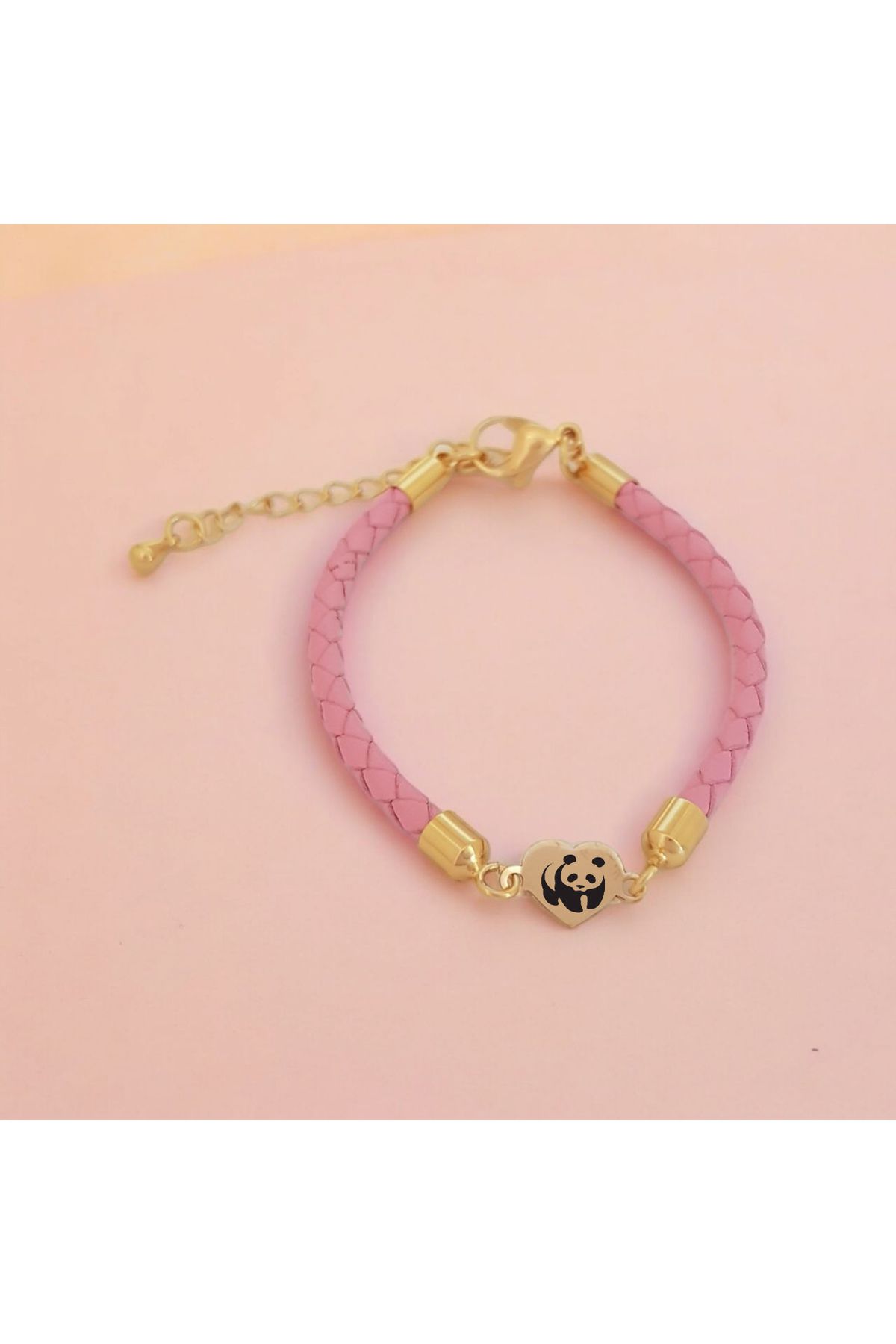 ARCHINO GOLD Panda Temalı Hakiki Derili Kalp Motifli 14 Ayar Altın Plakalı Hediye Bileklik-473sembol-pembe