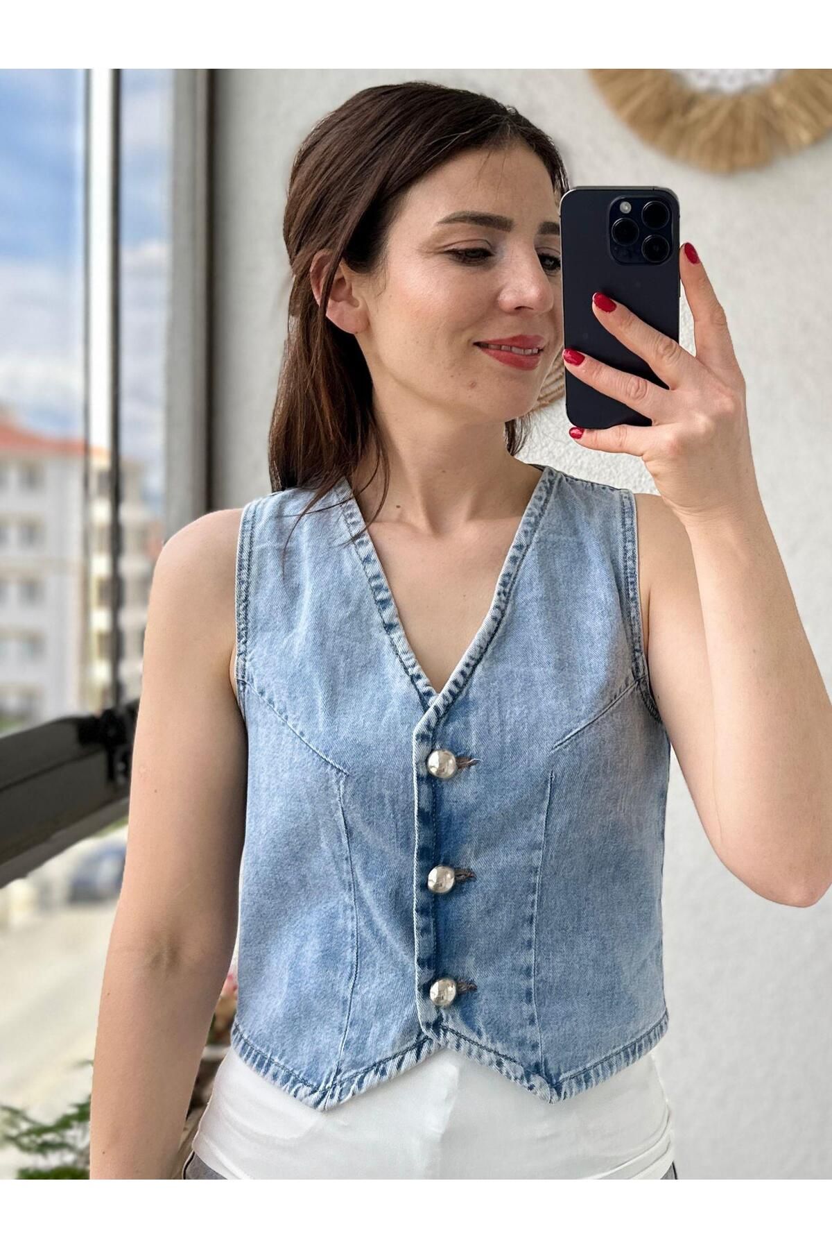 TUNAM BUTİK DÜĞME DETAYLI KOT YELEK