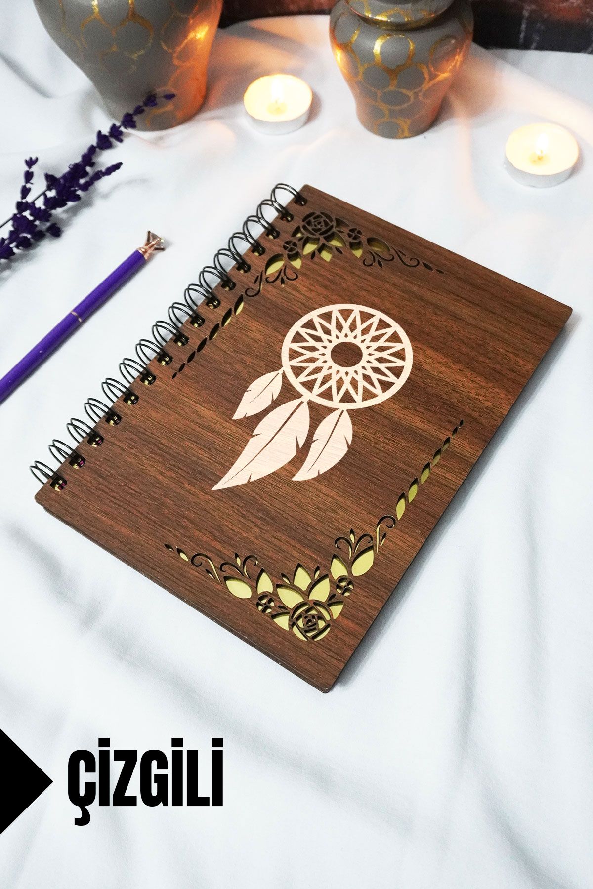 markcat Rüya Kapanı Ahşap Kapaklı Spiralli Defter - Çizgili Defter - 60 yaprak (120 sayfa) - A5 15x21 cm