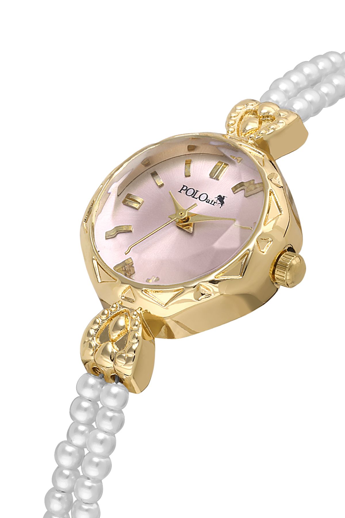 Polo Air İki Inci Görünümlü Taşlı Kordon Kadın Kol Saati Beyaz Gold Lila Renk Pl-1531b7x