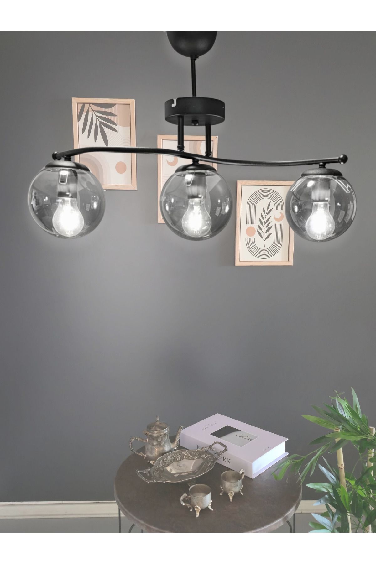 Luzarana Galaksi Modern Tasarım Siyah 3'li Füme Camlı Metal Gövde Avize | Salon, Yatak Odası ve Mutfak İçin