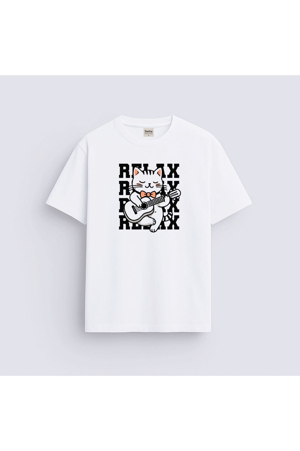 sielta Relax Kedi Cat askılı Unisex Kadın Erkek Bisiklet Yaka T-shirt Tişört