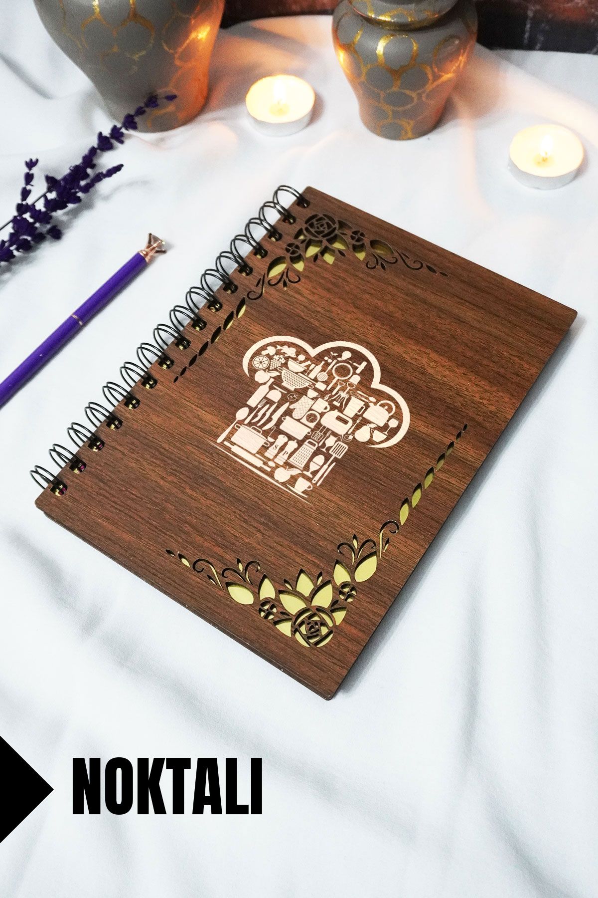 markcat Ahşap Kapaklı Spiralli Tarif Defteri - Noktalı Defter - 60 Yaprak (120 SAYFA) - A5 15x21 Cm
