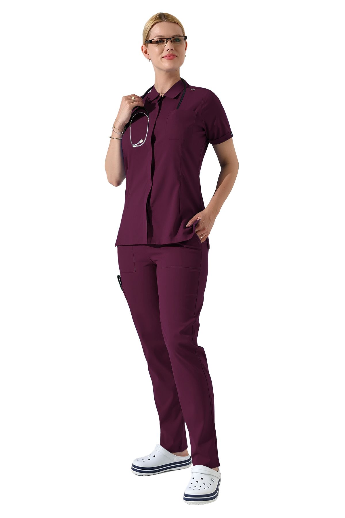 BEDUCA Mürdüm Likralı Polo Yaka Çıtçıtlı Doktor Scrubs Takımı, Estetisyen Ve Güzellik Merkezi Kıyafeti