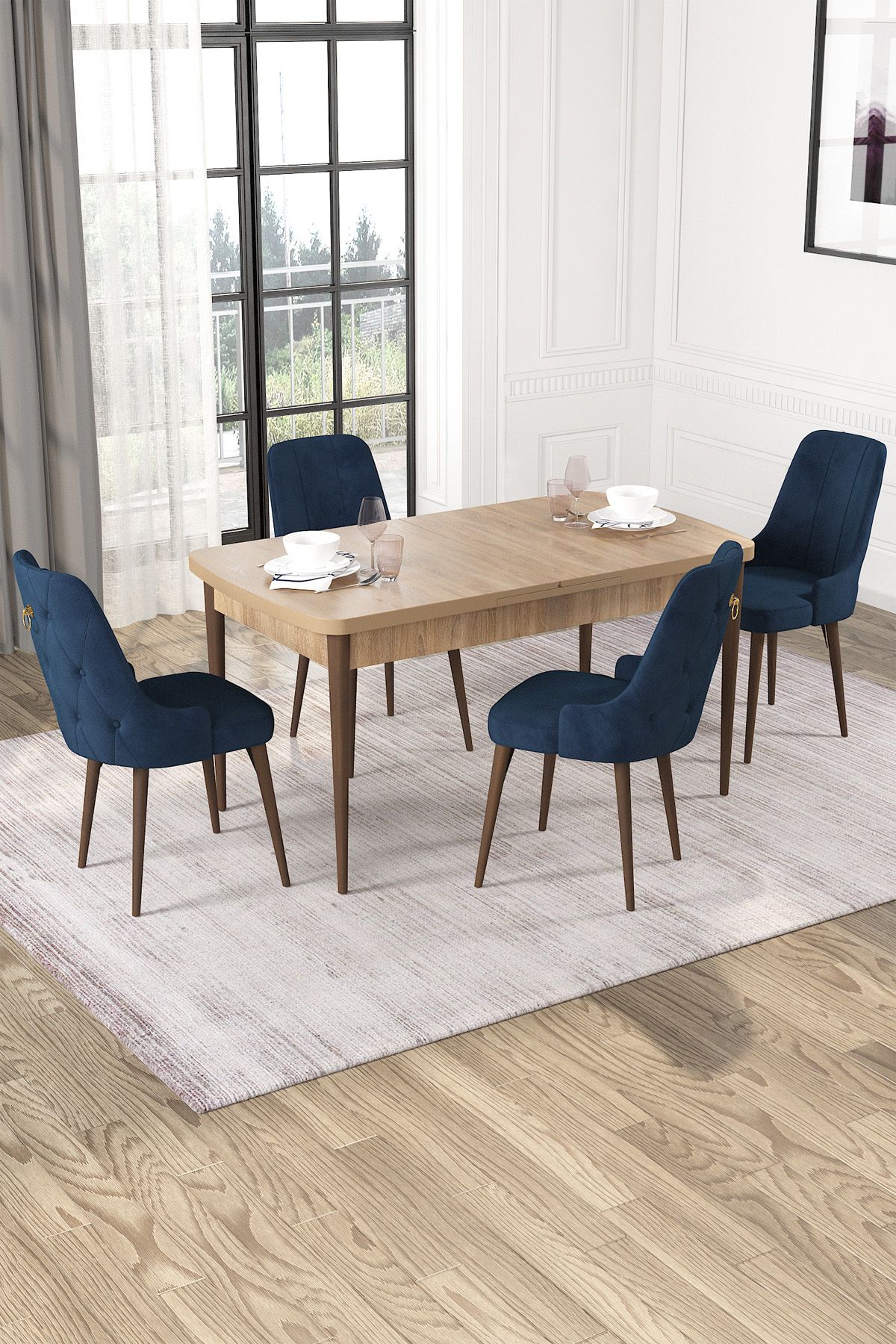 Hira Wessa Serisi 80x132 Açılabilir MDf Meşe Masa Takımı 4 Lacivert Sandalye Kahve Ayak