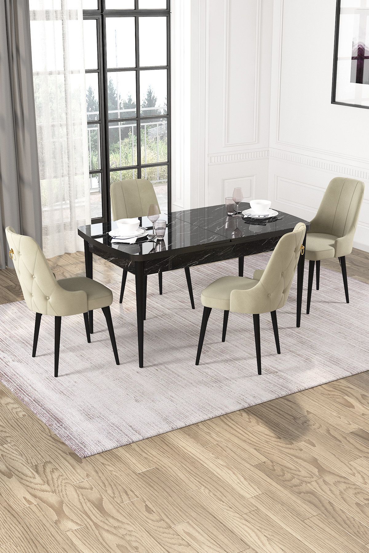 Hira Wessa Serisi 80x132 Açılabilir MDf Siyah Mermer Desen Masa Takımı 4 Krem Sandalye