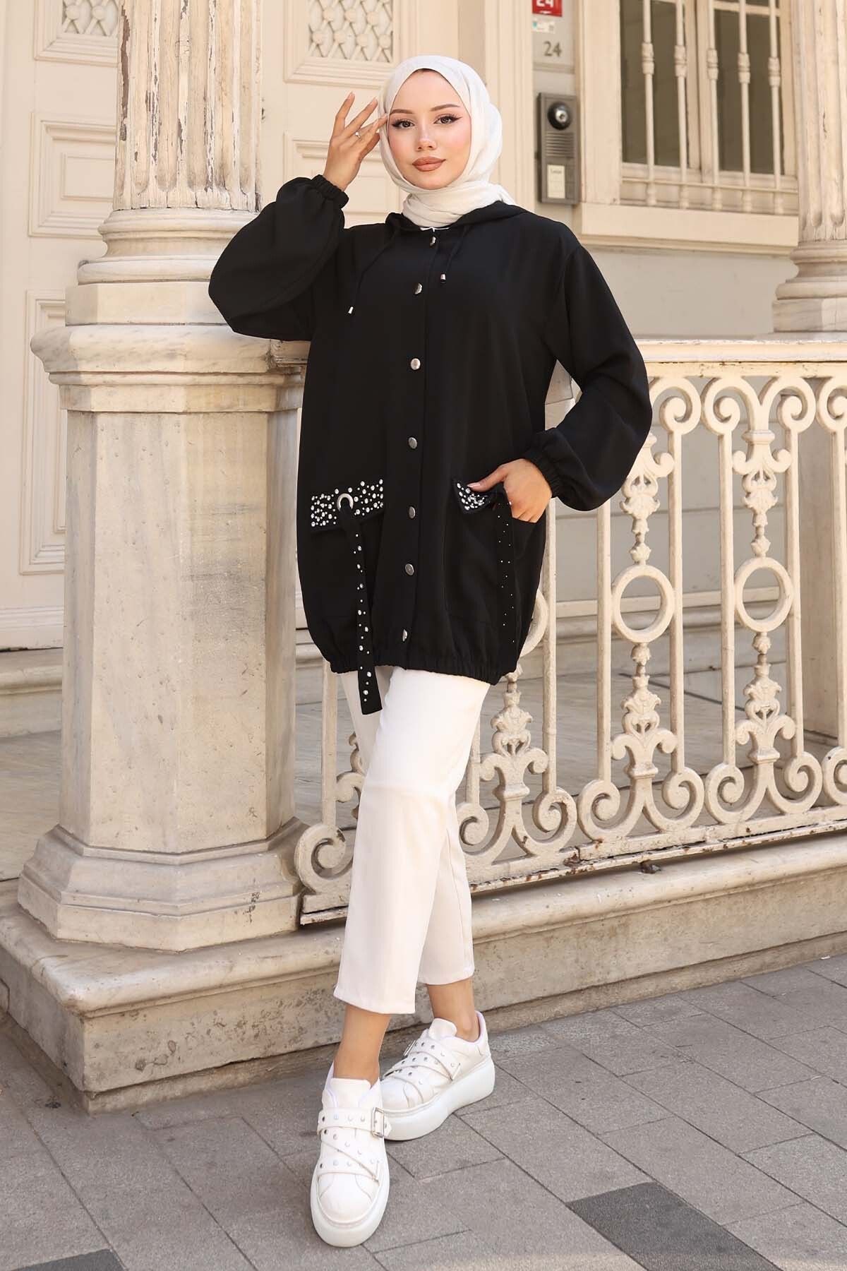 benguen-Buttoned Short Cap with Stone Detail on Pockets Black 3241 3