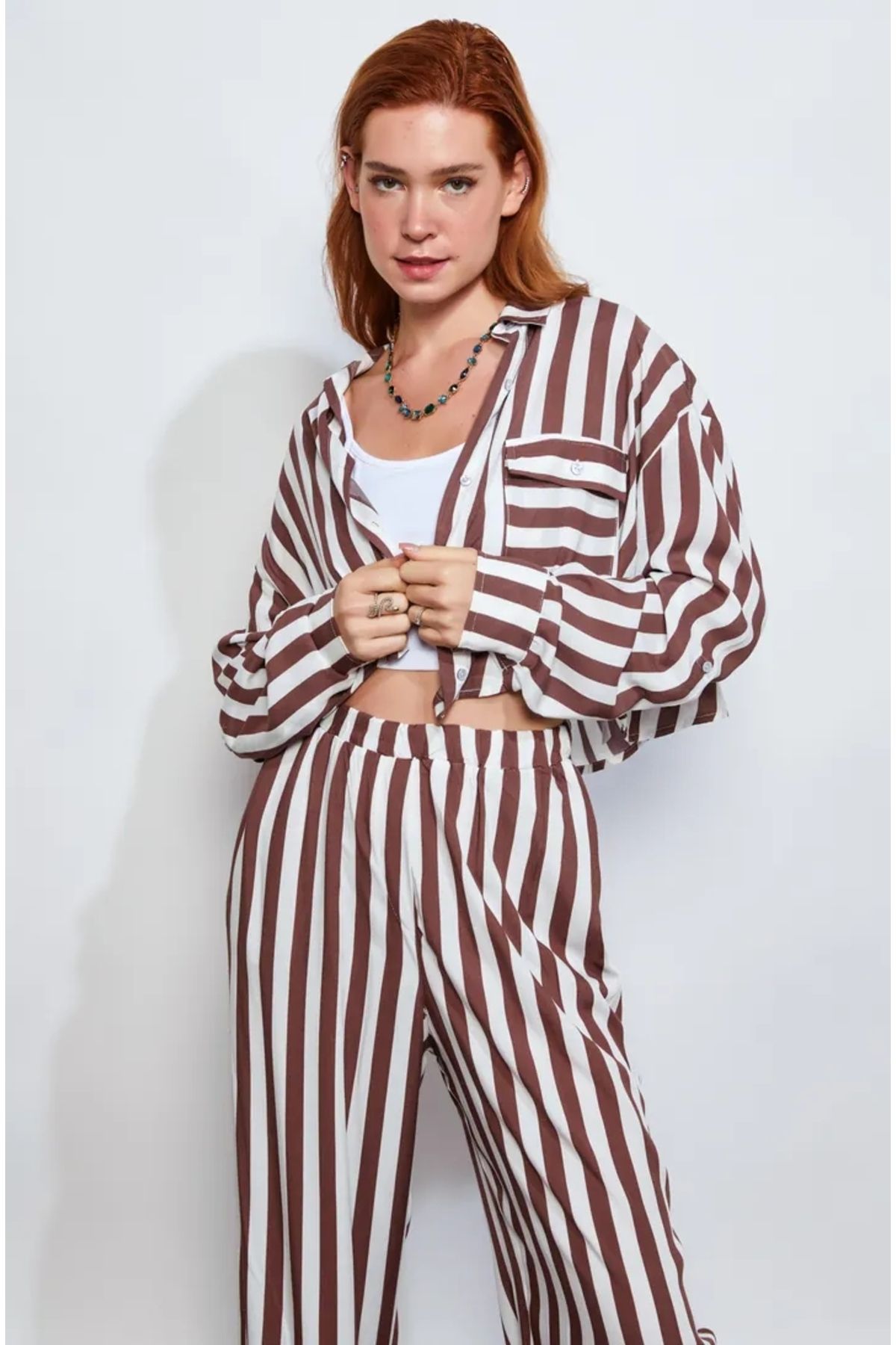 EUROFASHION Kahverengi Çizgili Crop Gömlek 3'lü Set Takım
