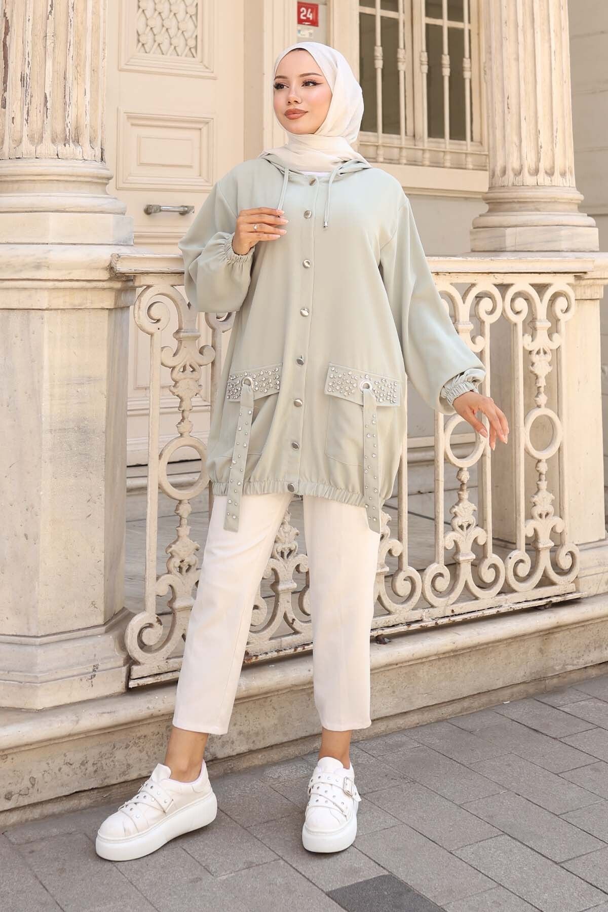 benguen-Buttoned Short Cap with Stone Detail on Pockets Mint Green 3241 4