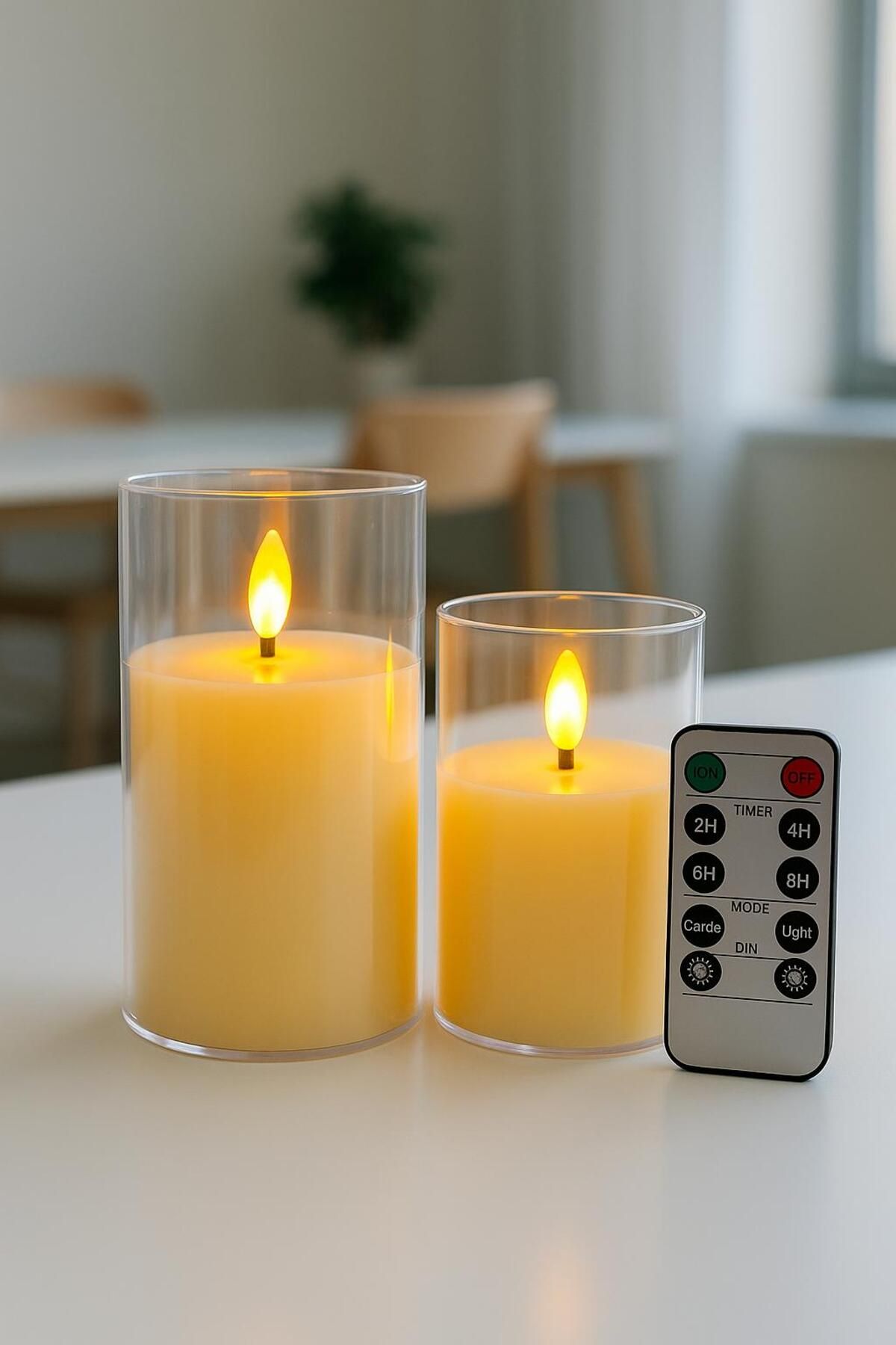 ESTRON Alevsiz Led Mum 2 Adet Uzaktan Kumandalı Pilli Şeffaf İkili Mum Seti - 7,5*10-12,5 cm - ES-751-752