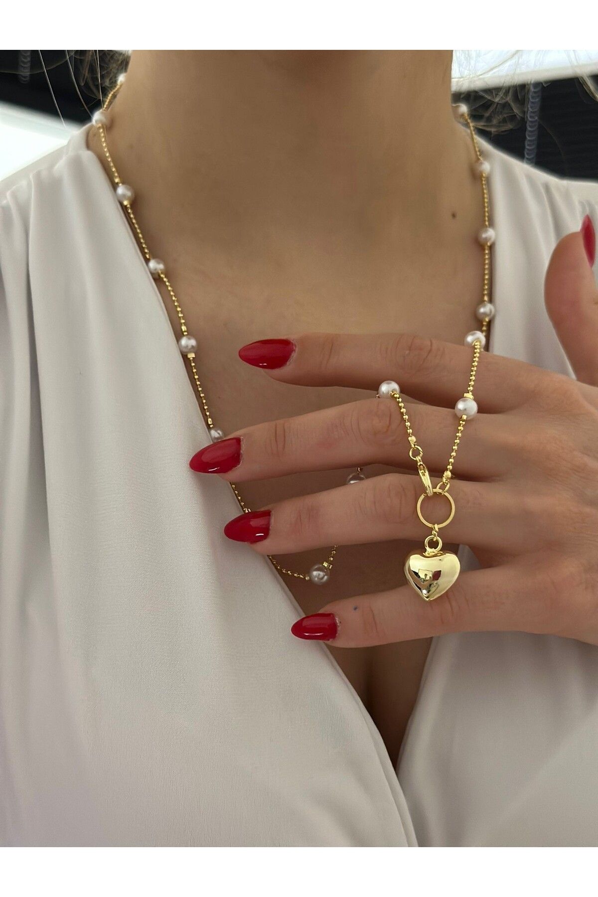 MyladyAccessoriess İnci Detay Kalp Kolye (Çelik)