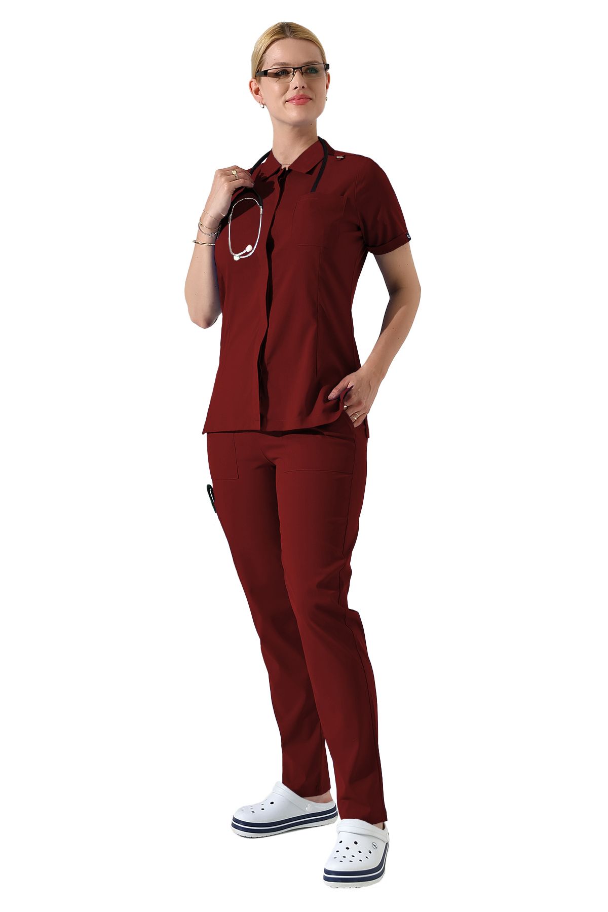 BEDUCA Bordo Likralı Polo Yaka Çıtçıtlı Hemşire Scrubs Takımı, Estetisyen Ve Güzellik Merkezi Forması