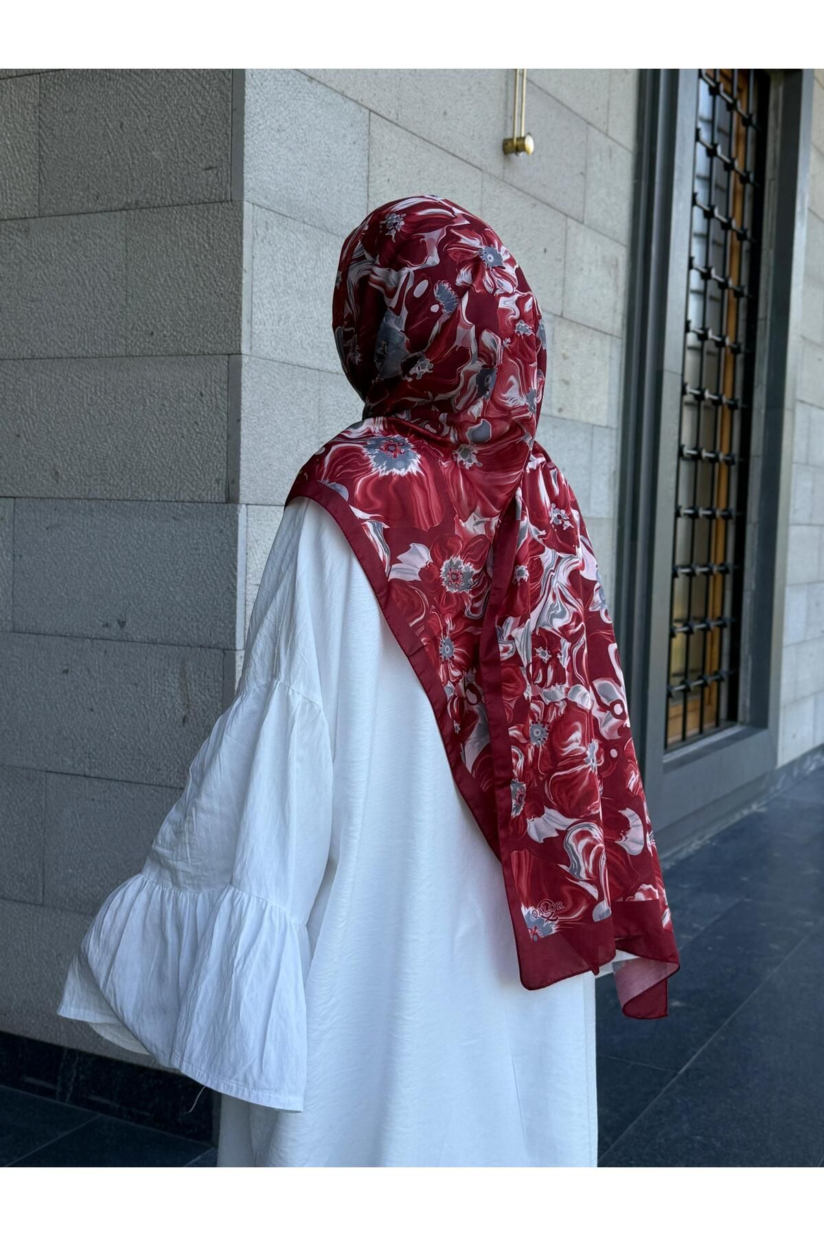 Qalortex Scarf Pamuklu Mimoza Desen Şal- Bordo