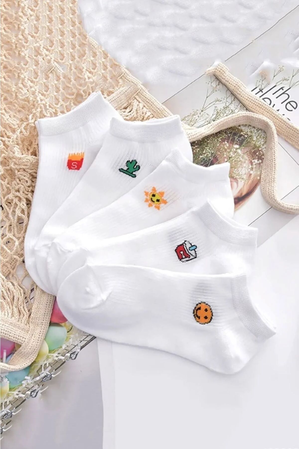 peru moda 5 Çift Kadın Beyaz Eğlenceli Desenli Patik Çorap Seti Tarzınıza Neşe Katın