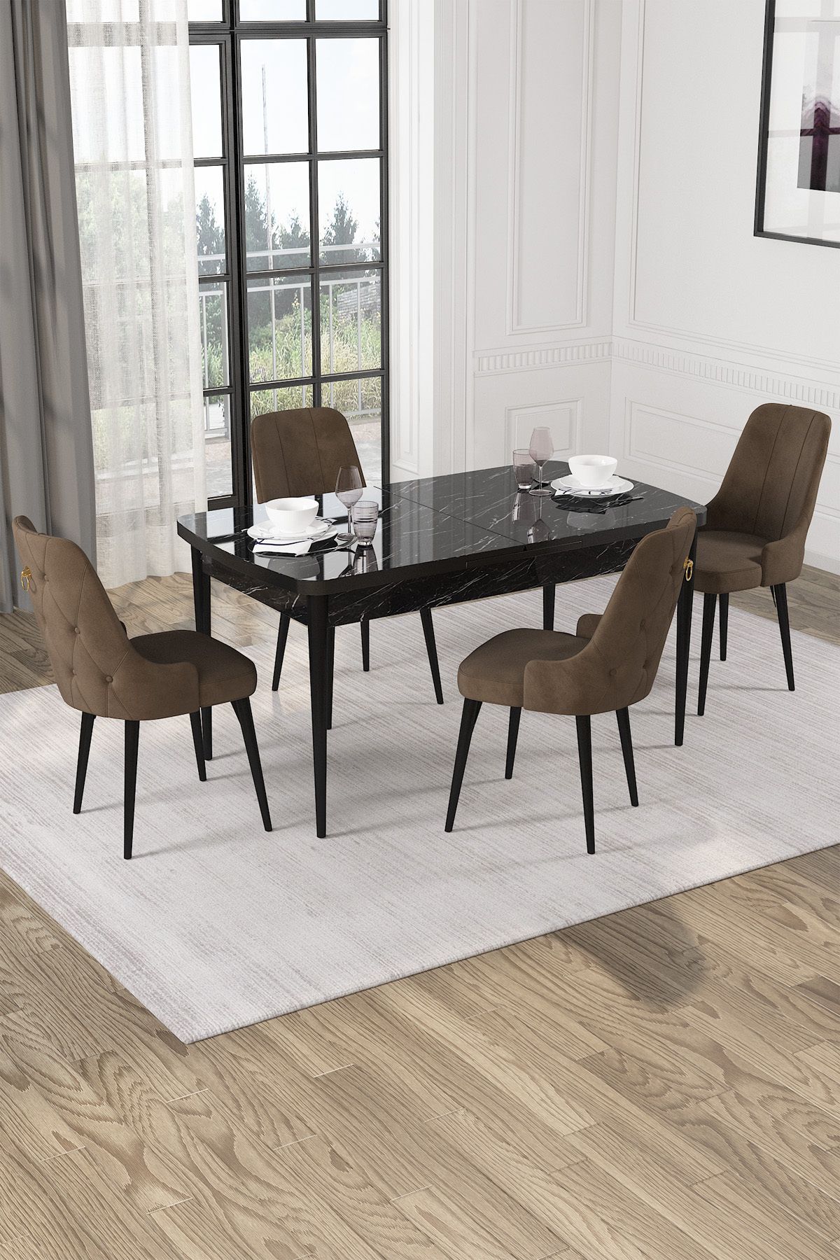 Hira Wessa Serisi 80x132 Açılabilir MDf SiyahMermer Desen Masa Takımı 4 Kahve Sandalye