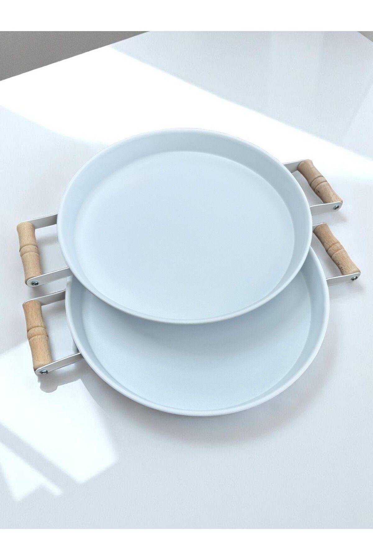 hemlife-Set of 2 (30/30 cm) Metal Tray with Wooden Handle Tea Tray Coffee Tray Presentation Tray Set 3