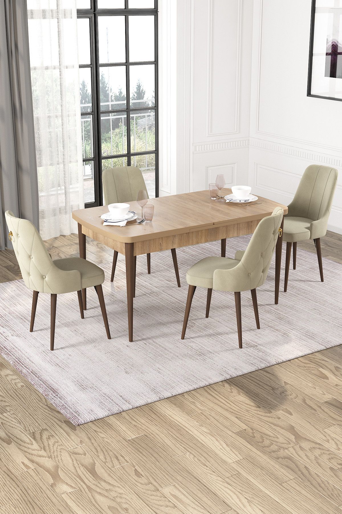Hira Wessa Serisi 80x132 Açılabilir MDf Meşe Masa Takımı 4 Krem Sandalye Kahve Ayak
