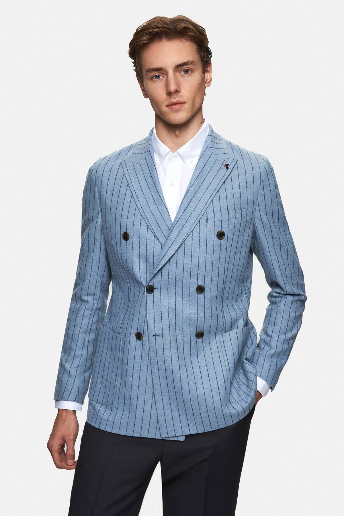 Tween Slim Fit Mavi Çizgili Kruvaze Kumaş Ceket