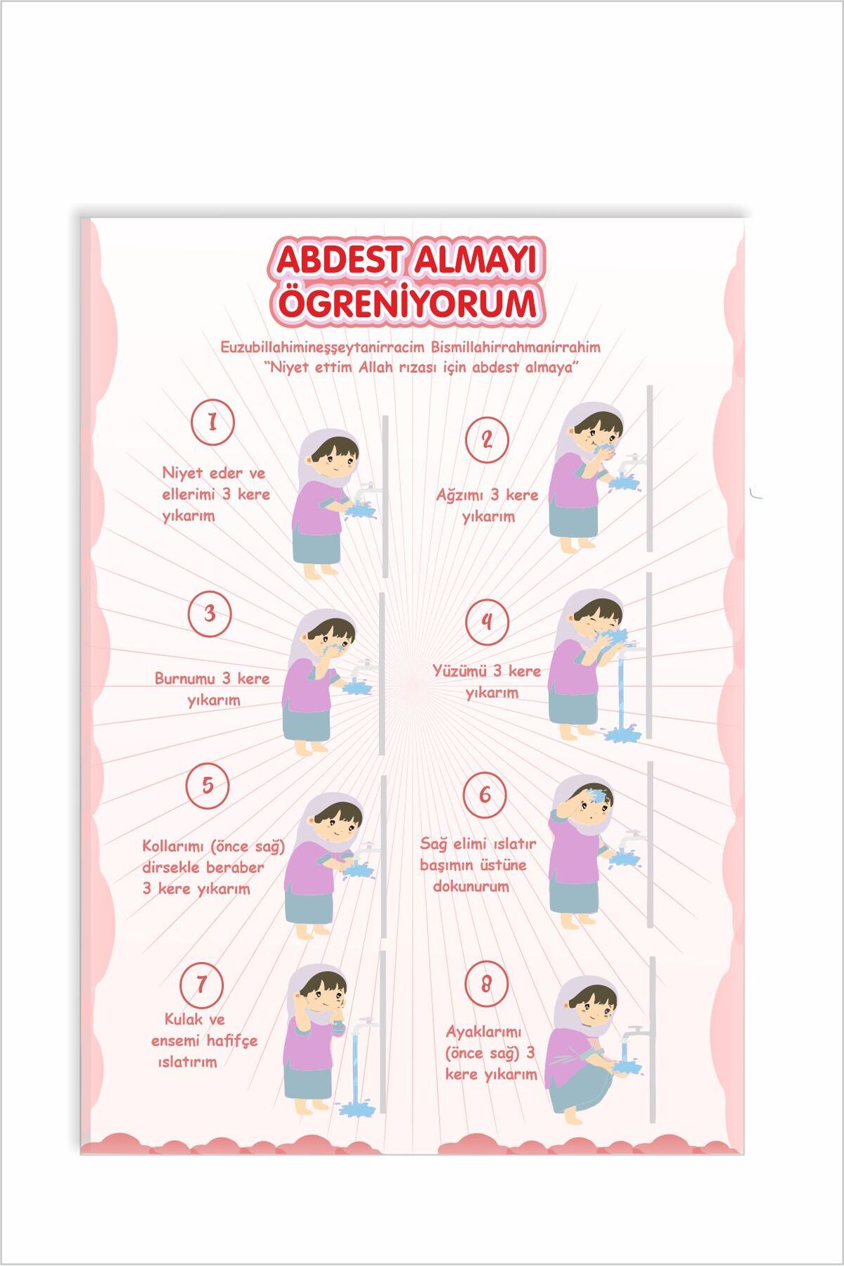 Piksel Grafik Abdest Almayı Öğreniyorum - Eğitici Poster, Çocuklar için Poster PEMBE