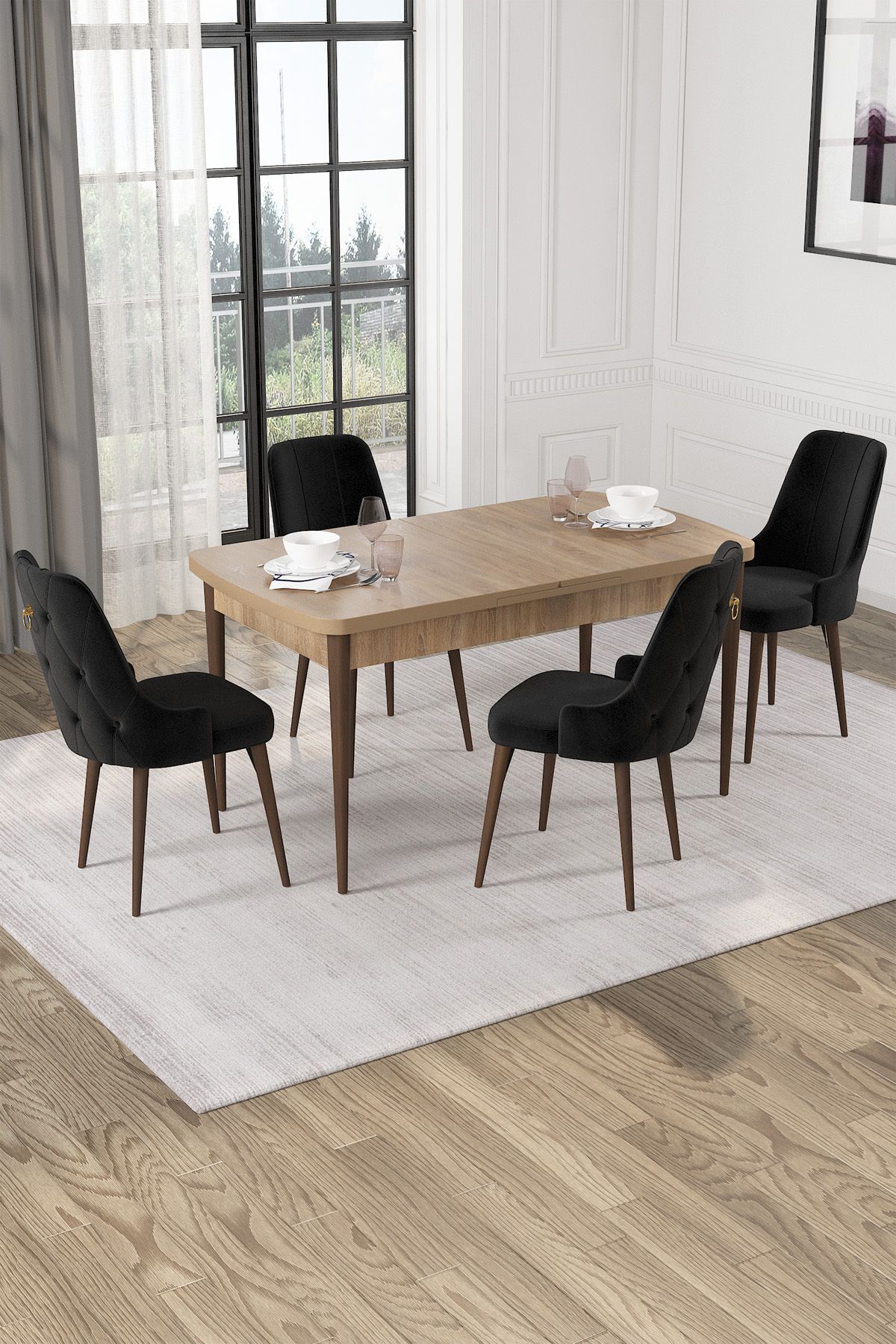 Hira Wessa Serisi 80x132 Açılabilir MDf Meşe Masa Takımı 4 Siyah Sandalye Kahve Ayak