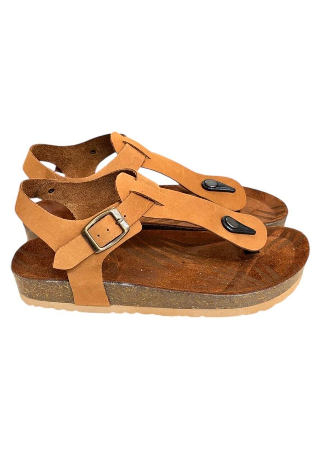 TUFAN SHOES Taba Hakiki Deri Parmak Arası Mantar Taban Tokalı Sandalet