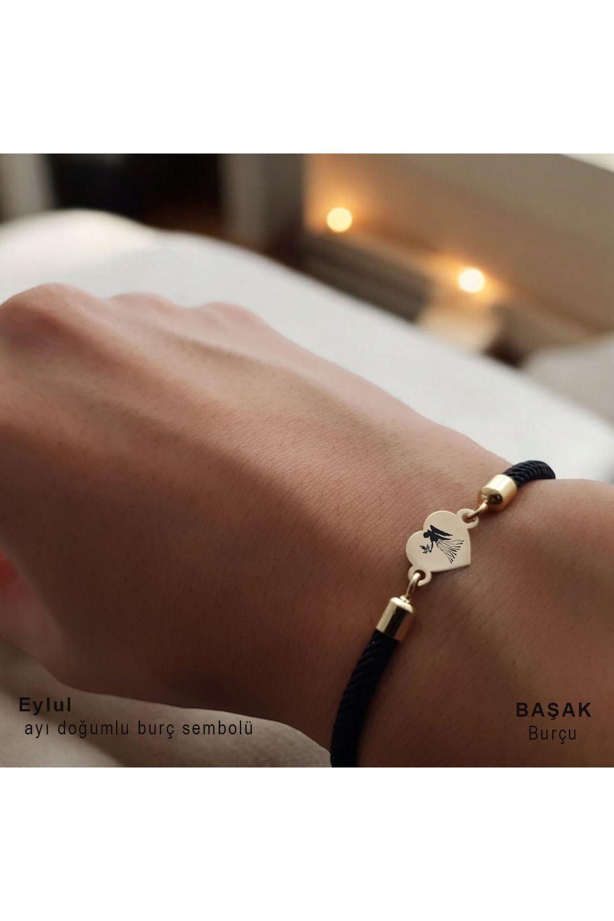 ARCHINO GOLD Başak Burçlarına Özel İpek Örgülü Kalp Motifli 14 Ayar Altın Plakalı Hediye Bileklik-475burç-siyah