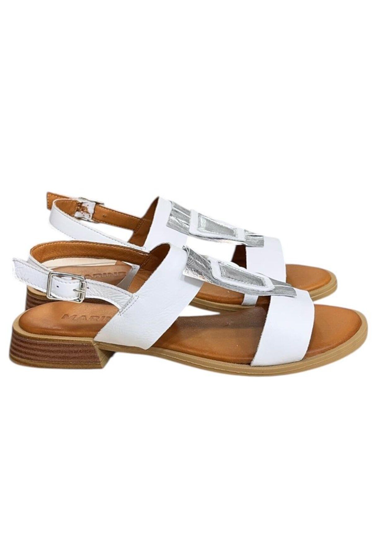 TUFAN SHOES Beyaz Hakiki Deri Çift Bantlı Yumuşak Taban Comfort Sandalet