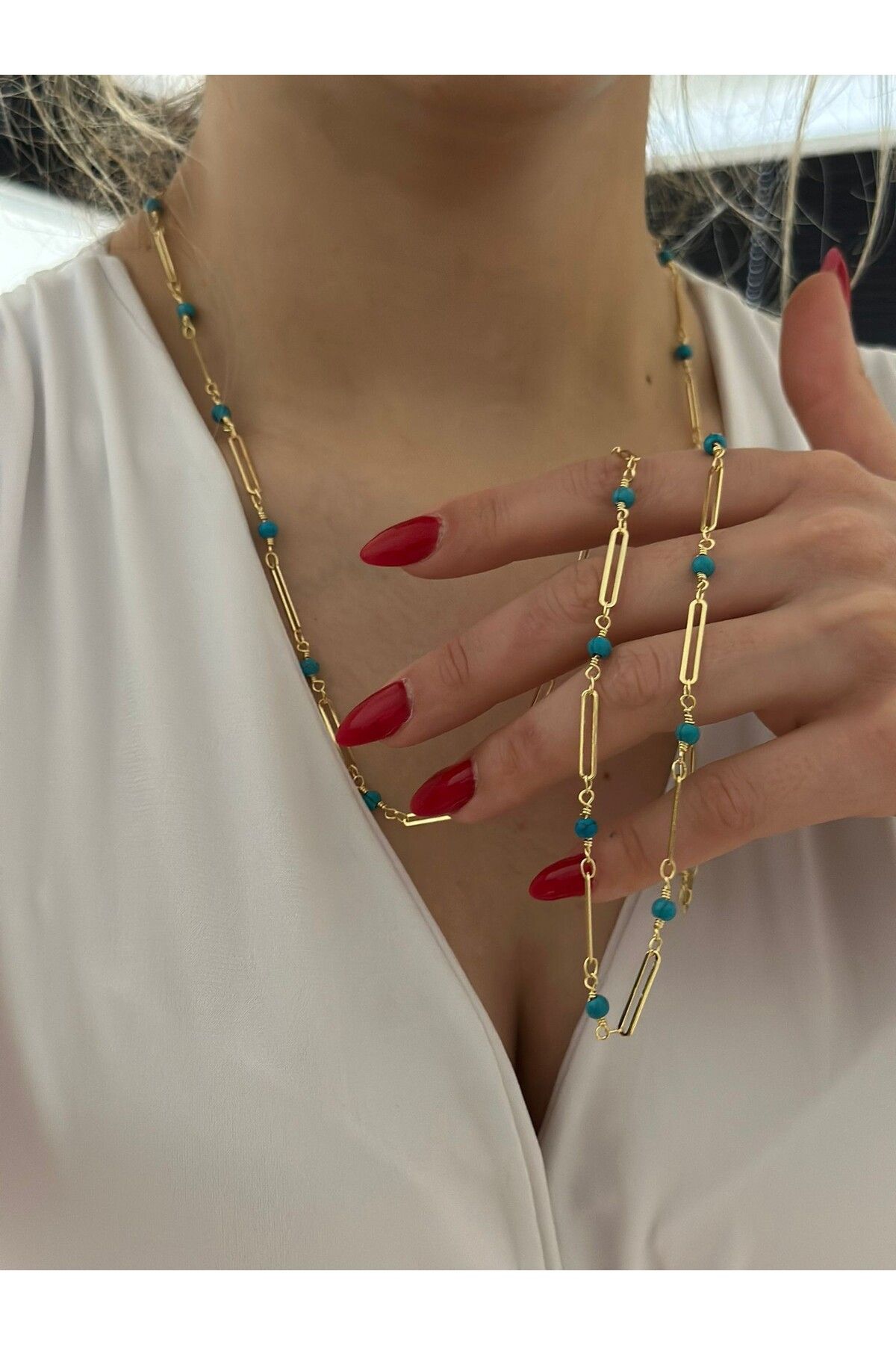 MyladyAccessoriess Firuze Taş Detaylı Uzun Dolamalı Çelik Kolye