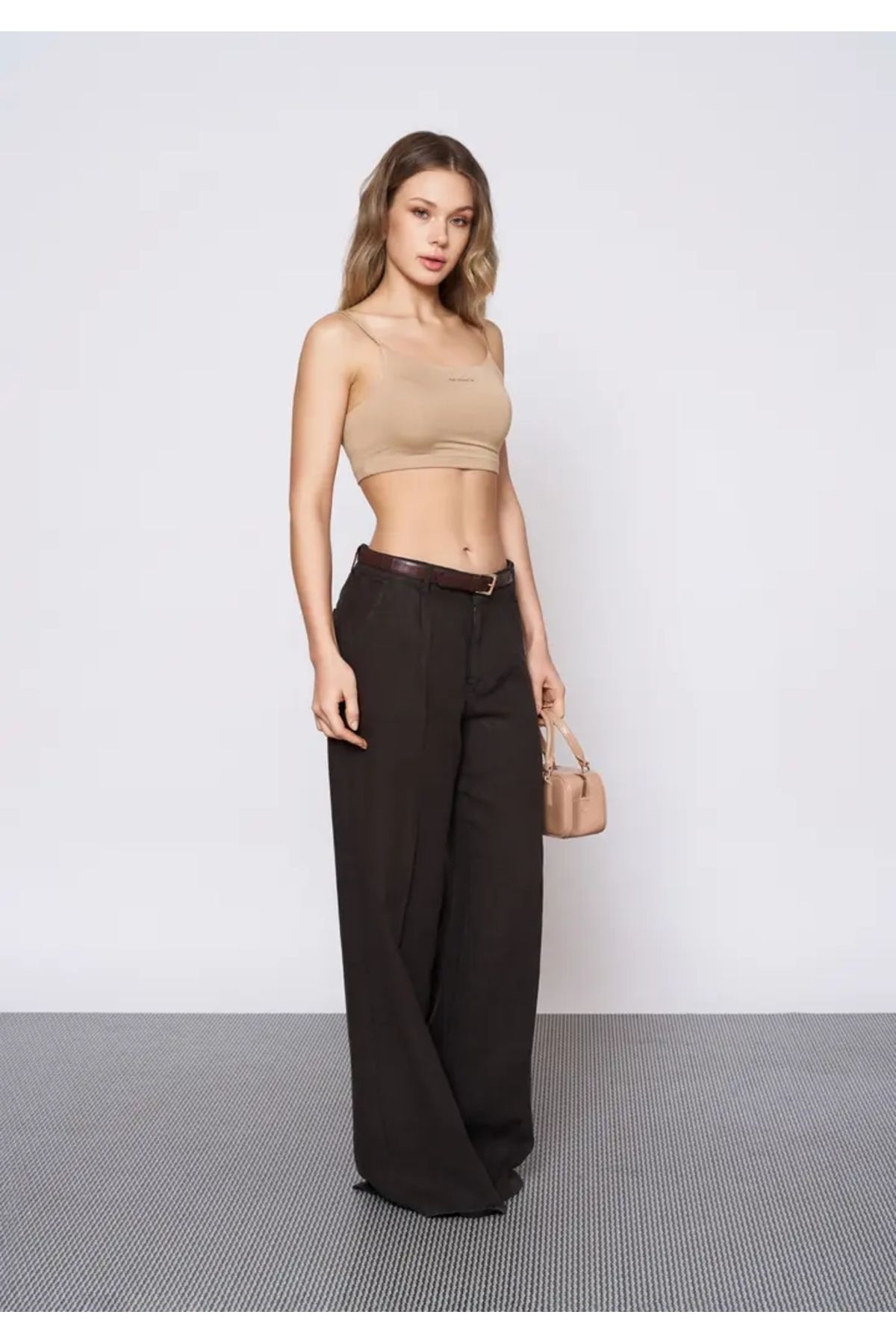 EUROFASHION Kemerli İspanyol Kahverengi Keten Pantolon