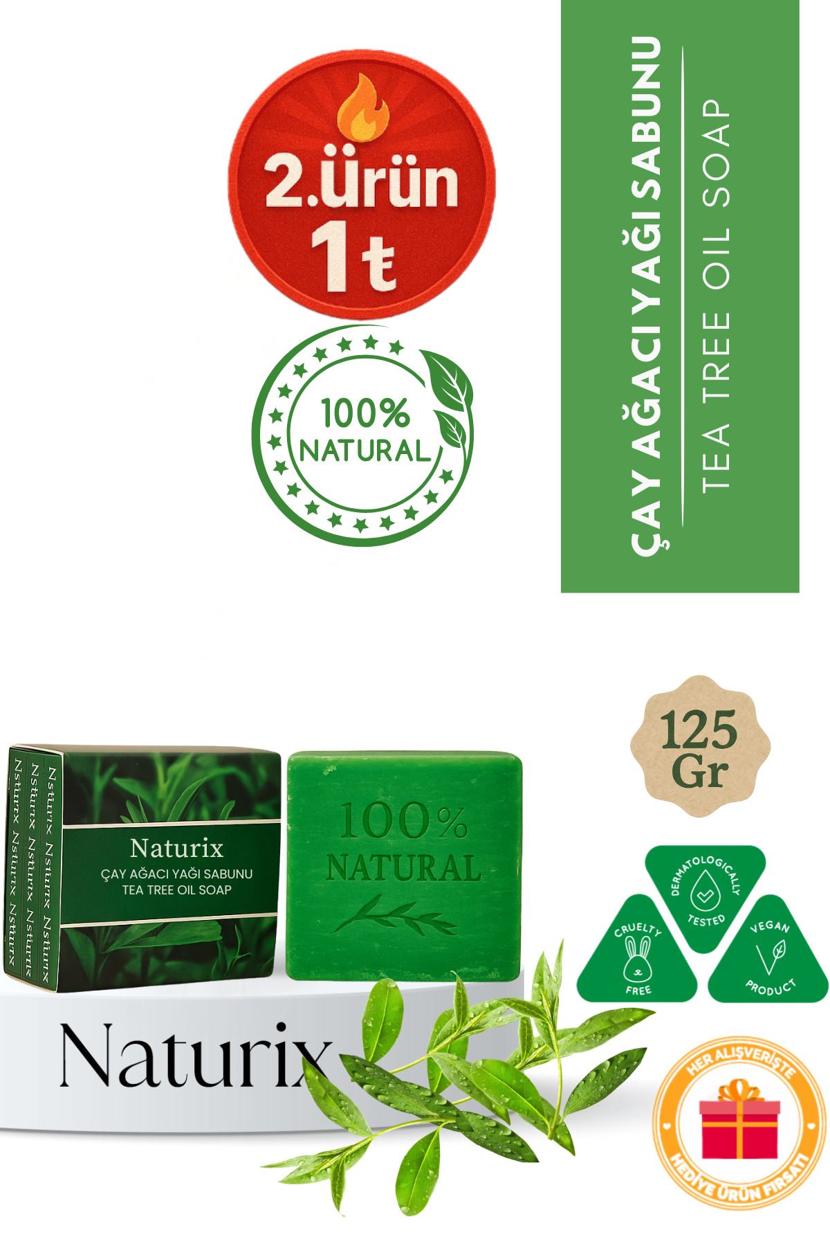 Naturix Çay Ağacı Yağı Sabunu 125 gr | Arındırıcı, Yağ Dengeleyici ve Cilt Yatıştırıcı Bakım Sabunu