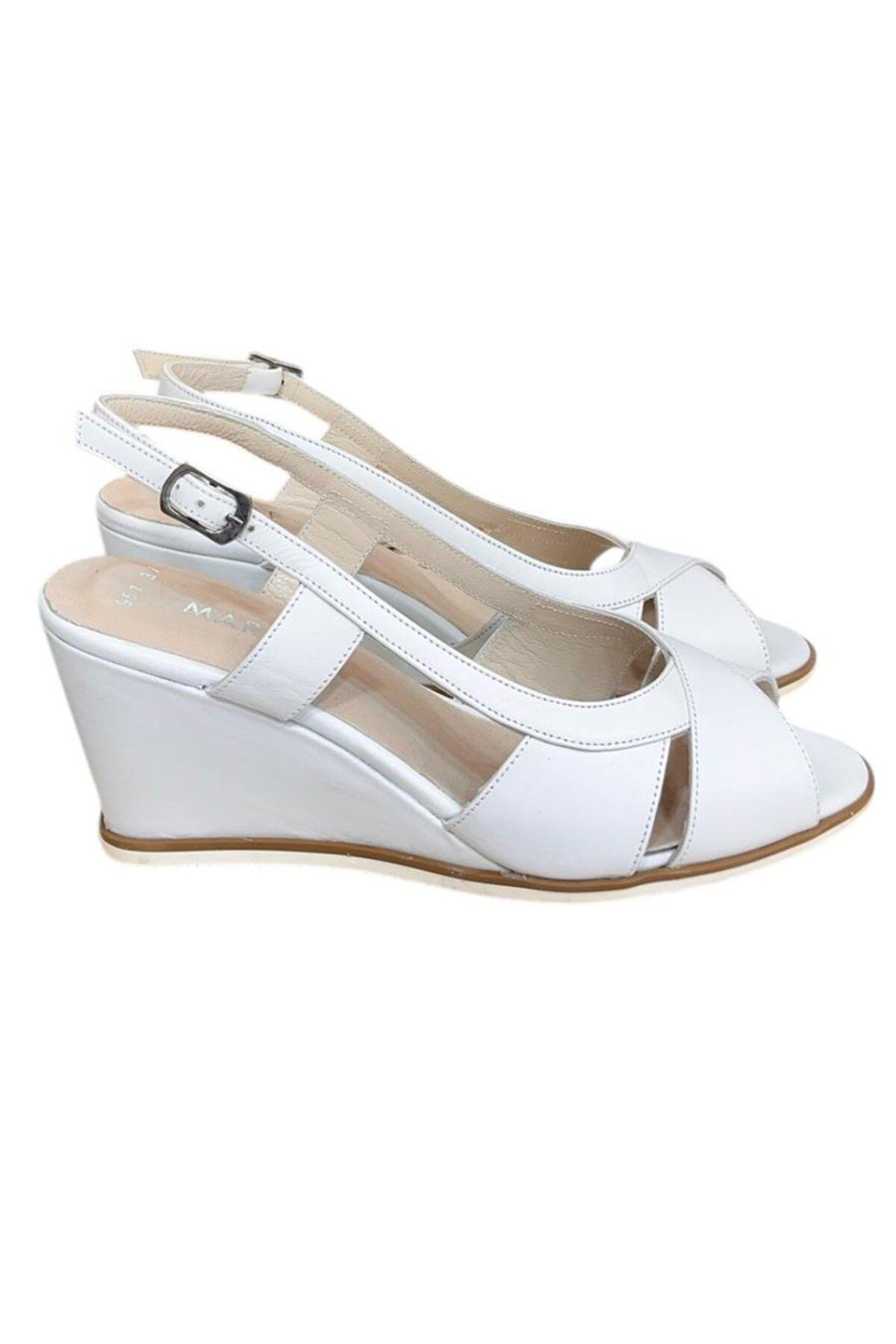 TUFAN SHOES Beyaz Hakiki Deri Burnu ve Arkası Açık Dolgu Topuk Sandalet