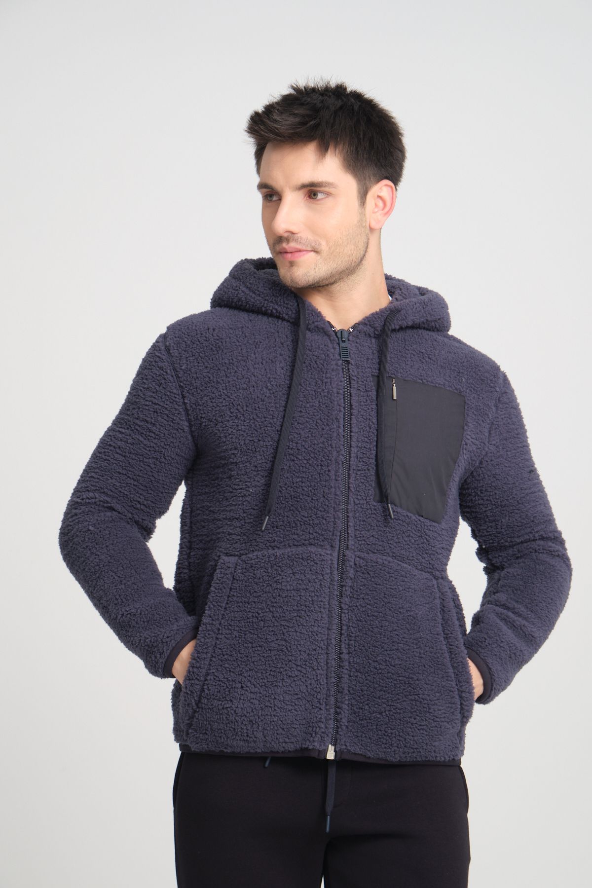 Tarz Cool Füme Fermuarlı Kapüşonlu Peluş Sweatshirt