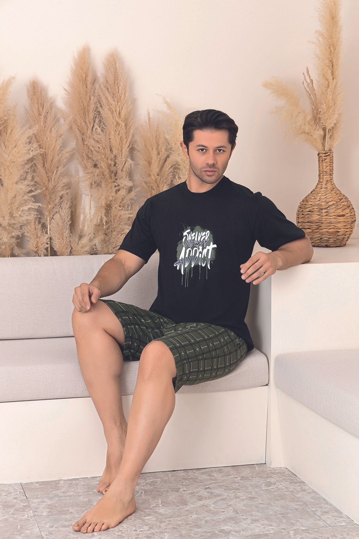 Sude HOMEWEAR ERKEK DESENLİ KISA KOL ŞORTLU PİJAMA TAKIMI