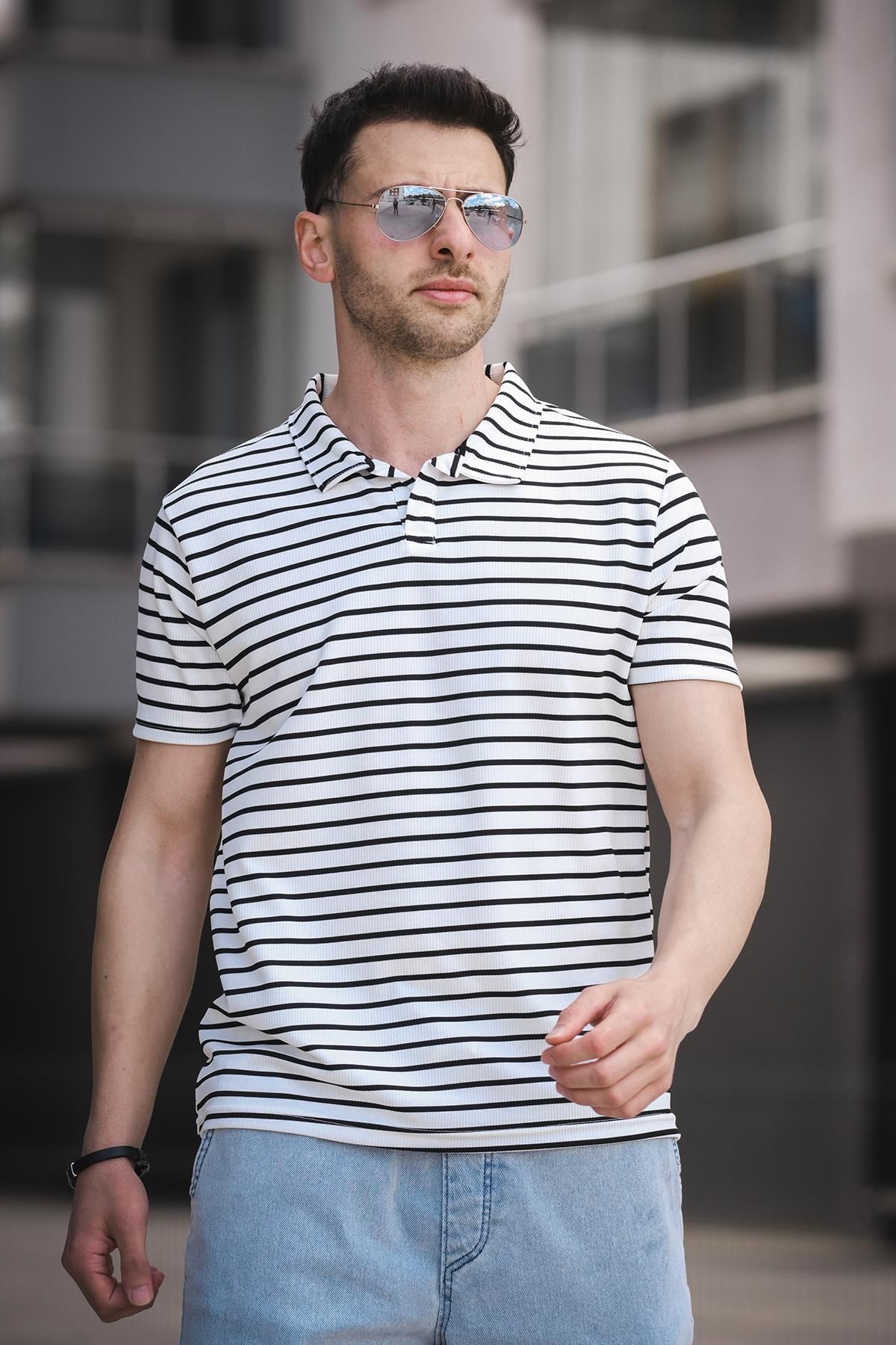Oksit Ht 947008 Slim Fit Likralı Yarım Pat Çizgili Polo Yaka Erkek Tshirt
