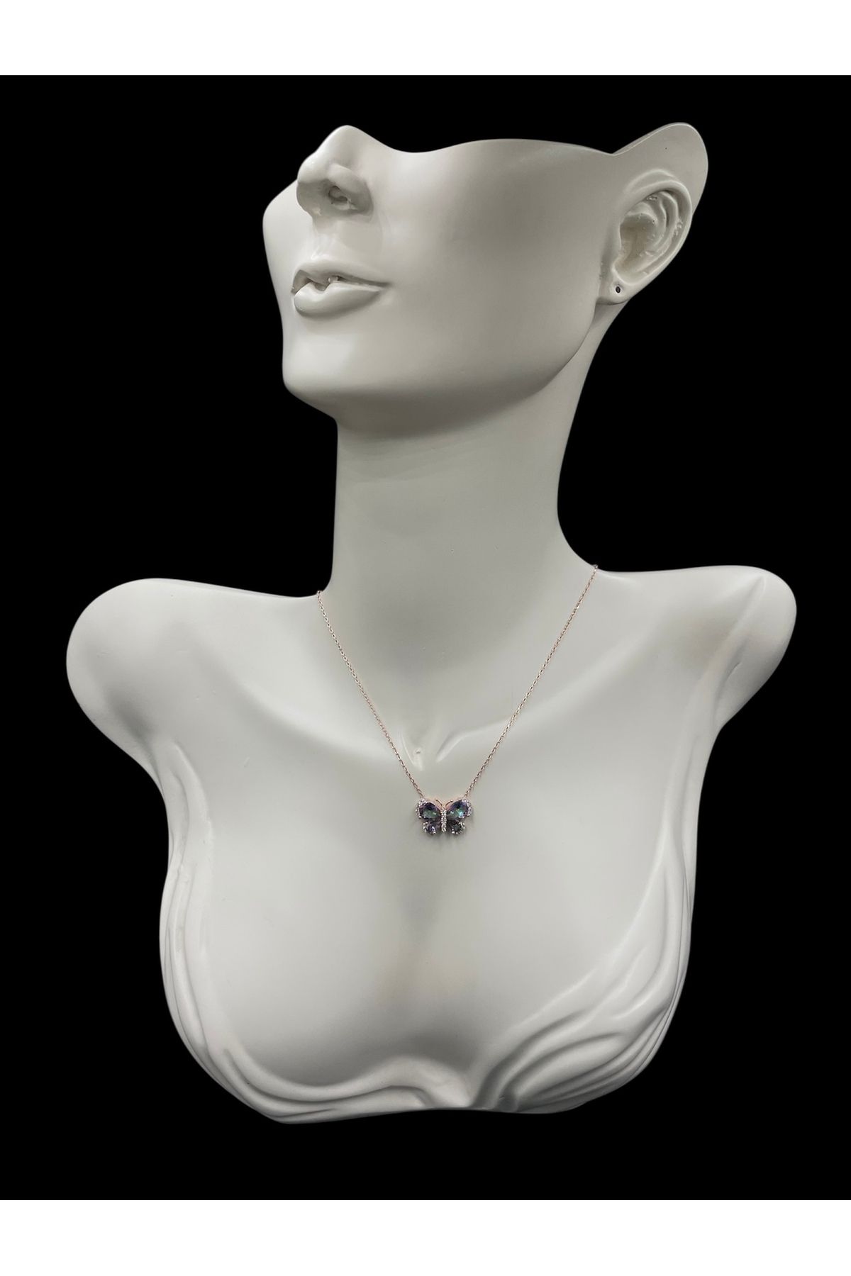 nefjewelrydesign 925 Ayar Gümüş Rose Mistik Topaz Taşlı 44cm Kelebek Kolye