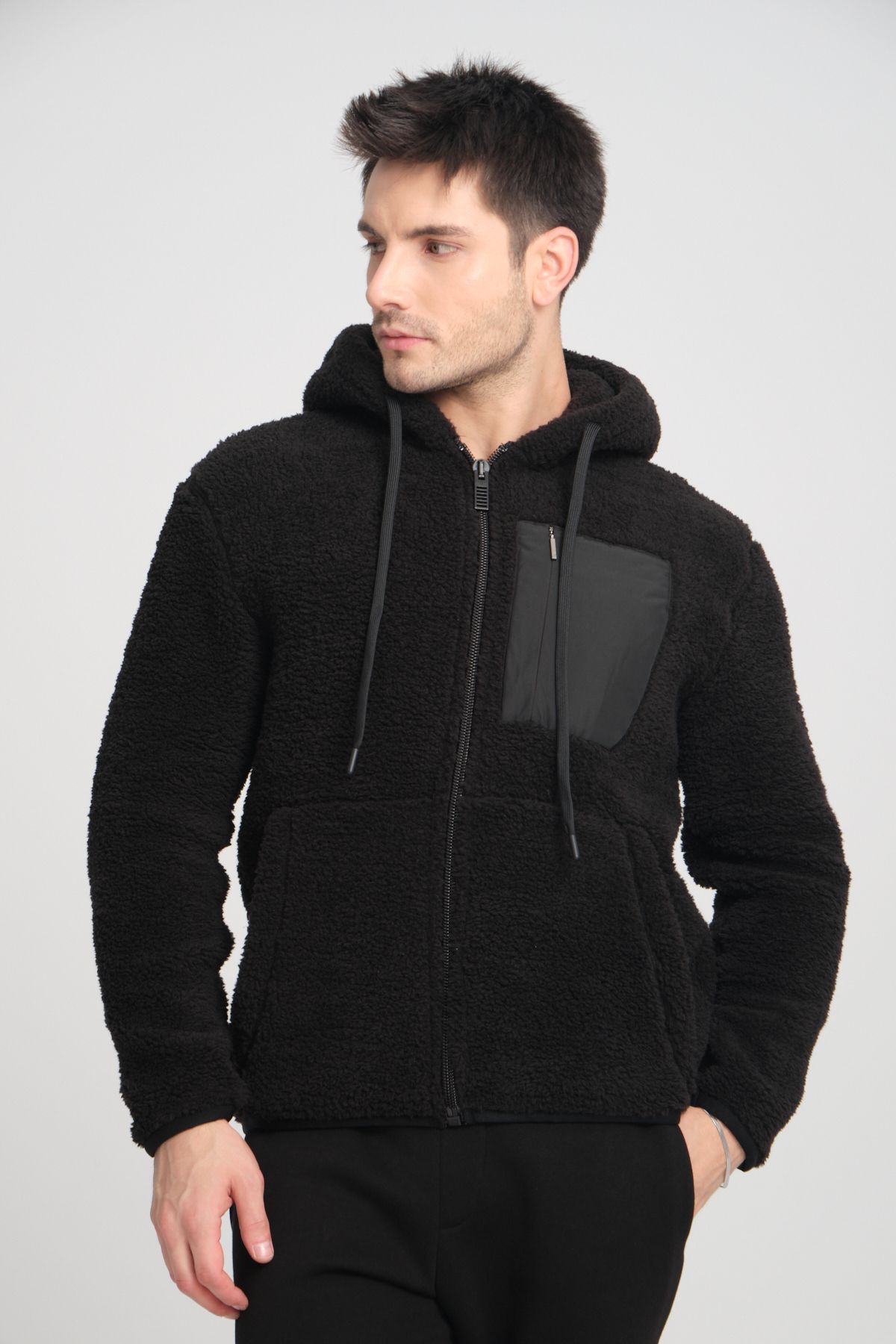 COOL TARZ Siyah Fermuarlı Kapüşonlu Peluş Sweatshirt