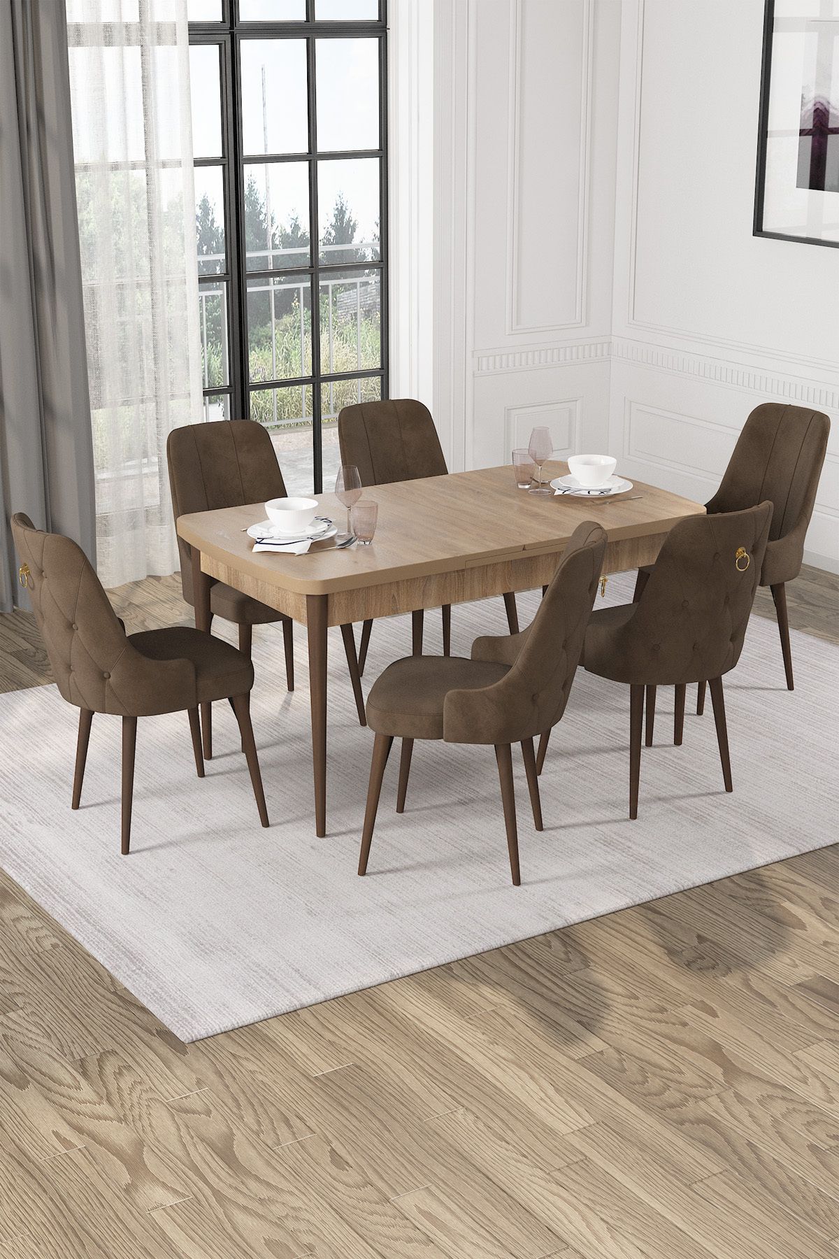 Hira Wessa Serisi 80x132 Açılabilir MDF Meşe Masa Takımı 6 Kahve Sandalye Kahve Ayak
