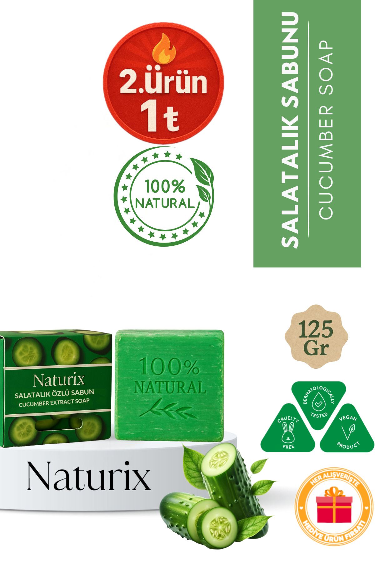 Naturix Salatalık Sabunu 125 gr | Cilt Ferahlatıcı, Nemlendirici ve Arındırıcı Bakım Sabunu
