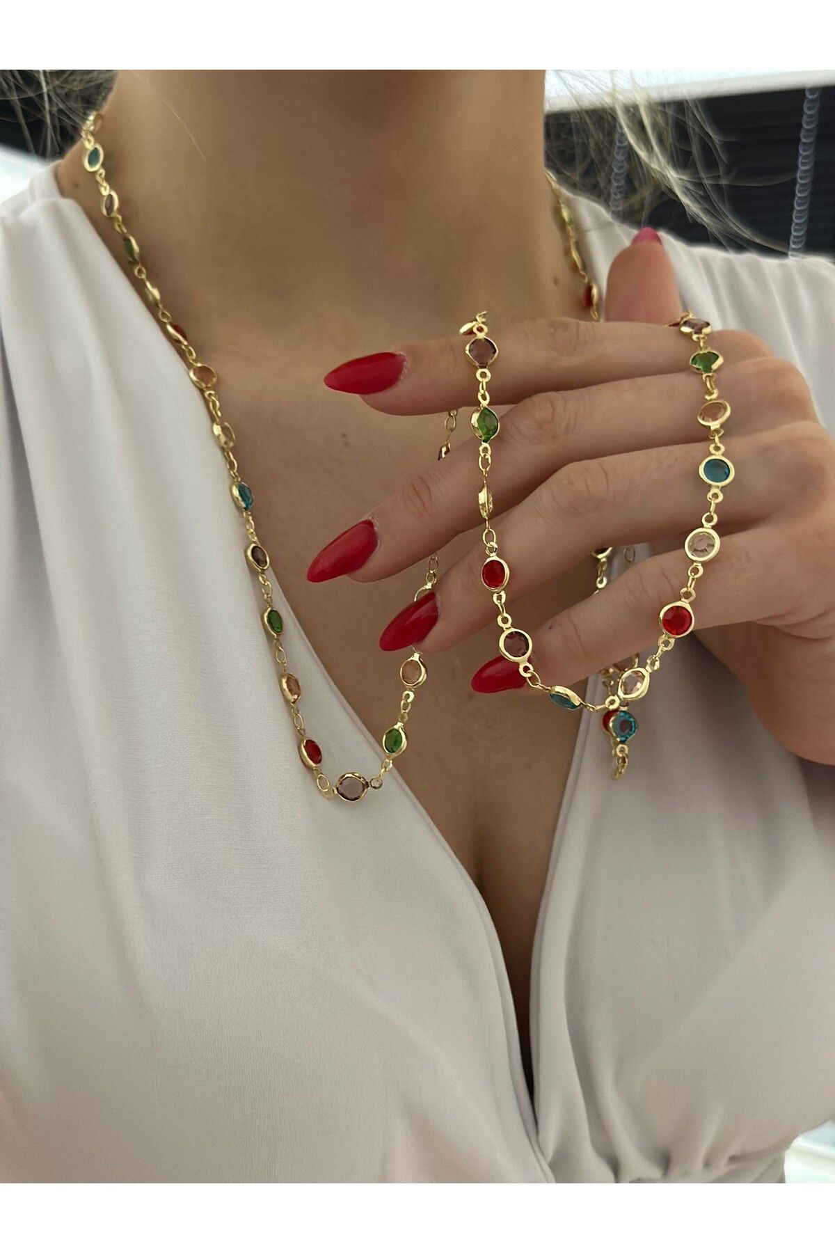 MyladyAccessoriess Sıralı Renkli Tek Taş Detay Çelik Dolamalı Kolye