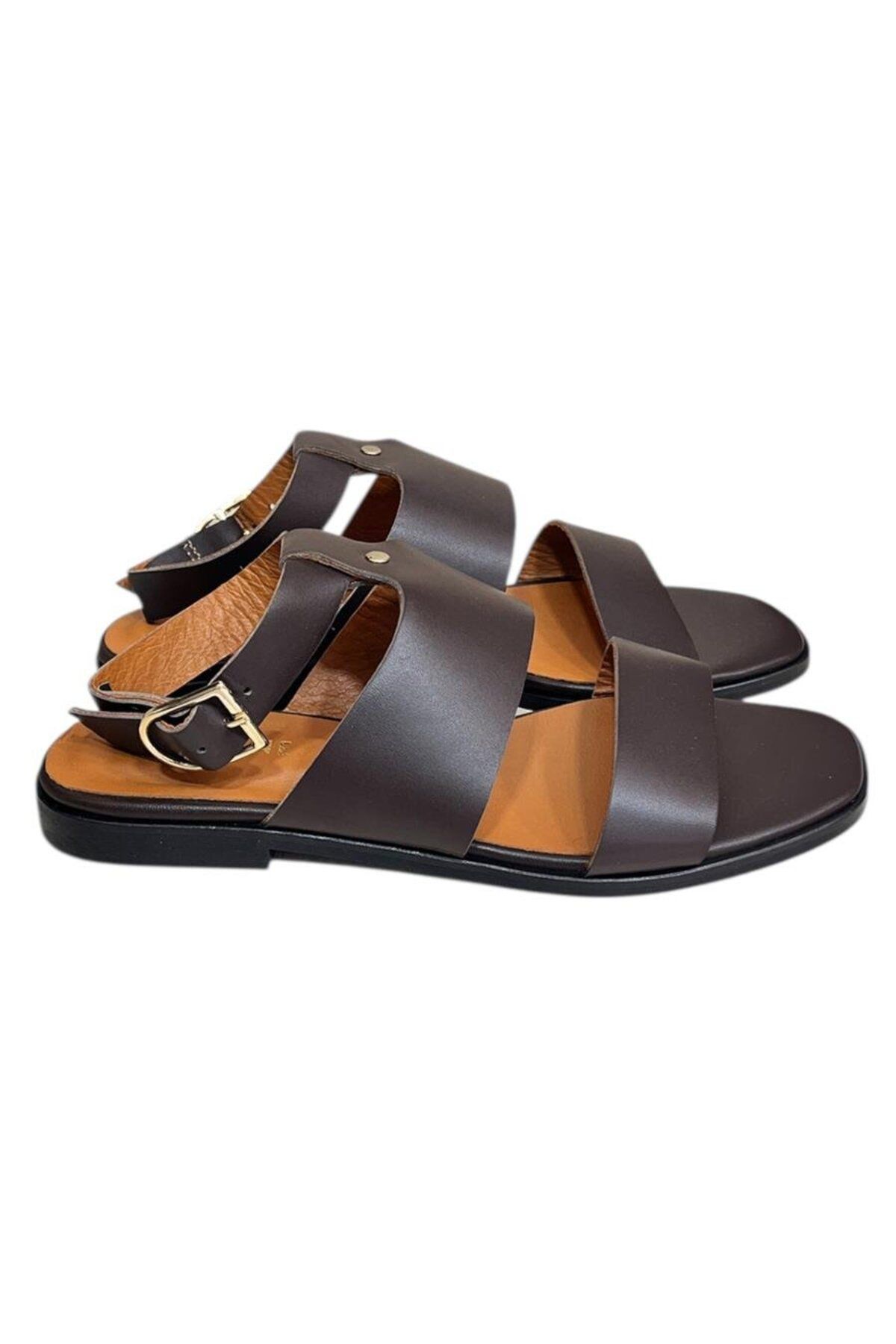 TUFAN SHOES Kahve Hakiki Deri Çift Bant Bilekten Bağlı Bodrum Tarzı Sandalet