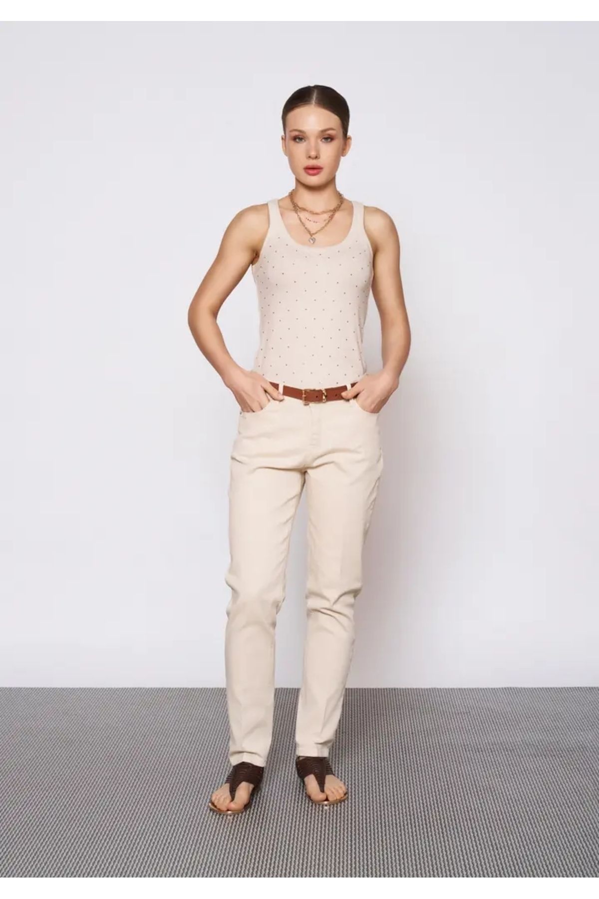 EUROFASHION Bej Relax Fit Denim Pantolon