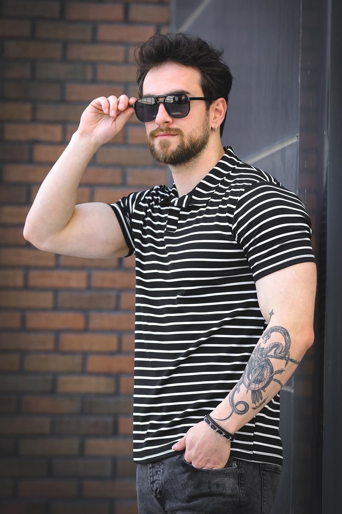 Oksit Ht 947008 Slim Fit Likralı Yarım Pat Çizgili Polo Yaka Erkek Tshirt