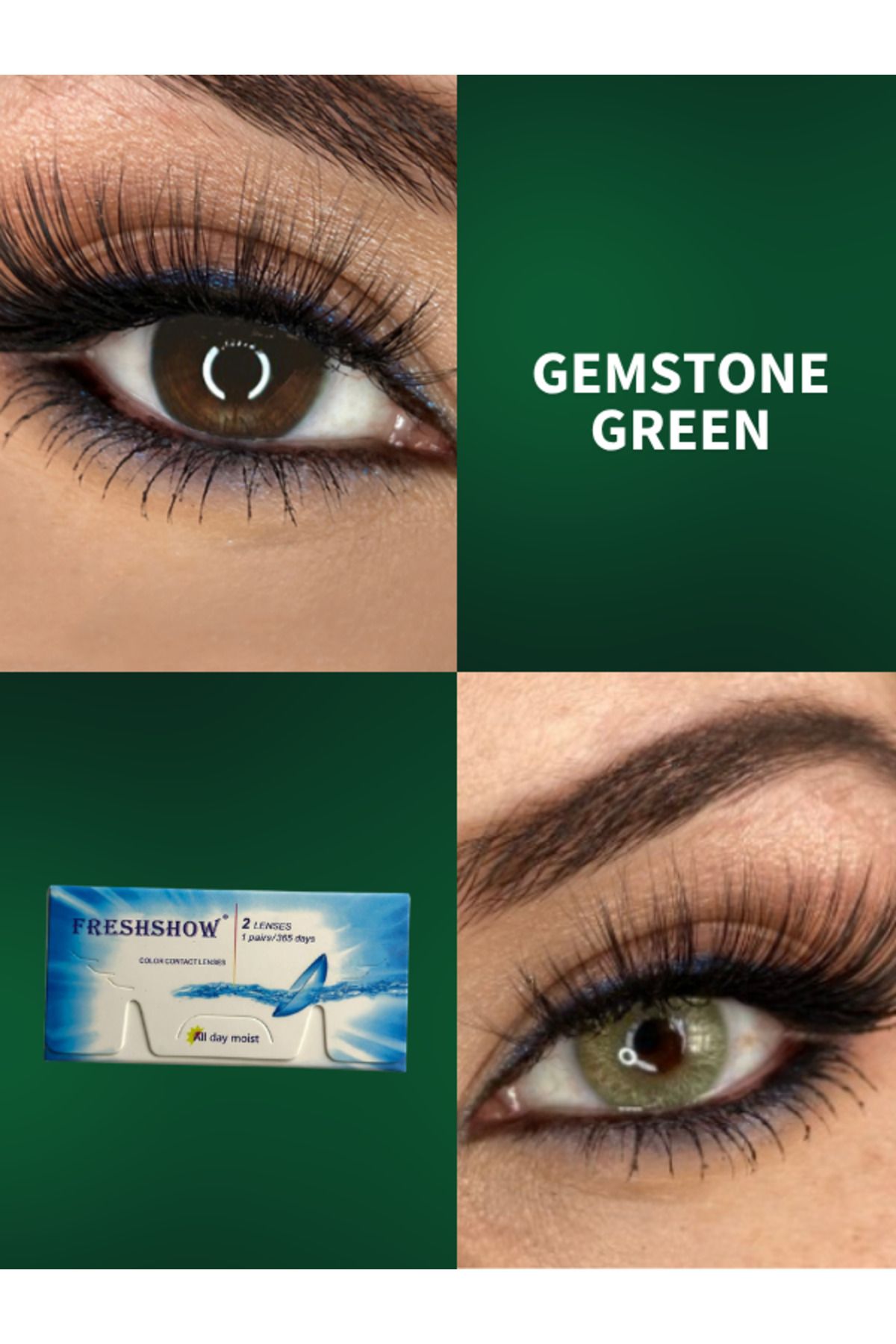 RABIR Gemstone Green Parlak Yeşil Yıllık Kirpik Lens Kabı ve Lens Solüsyonu