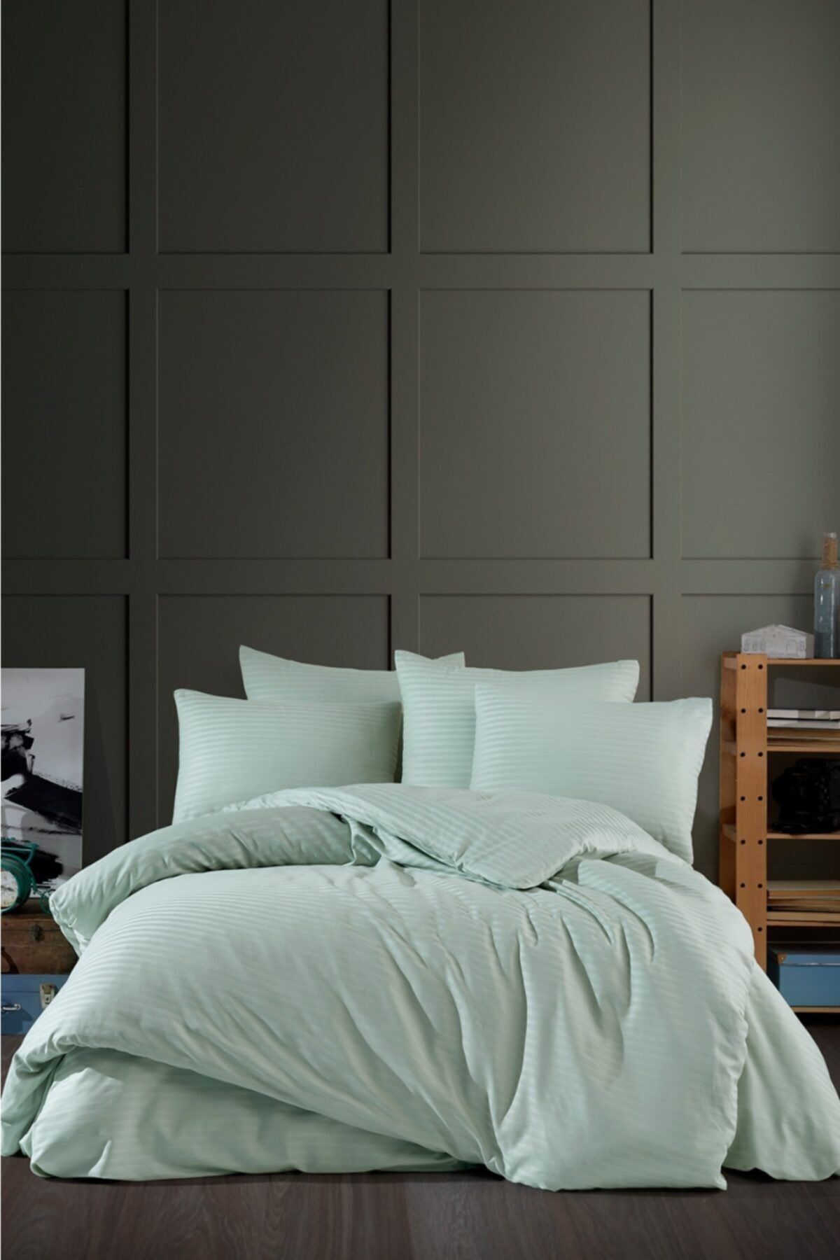 Karden Flower Pure Silk Pamuklu Saten Çift Kişilik Mint Nevresim Takımı Listikli Çarşaflı